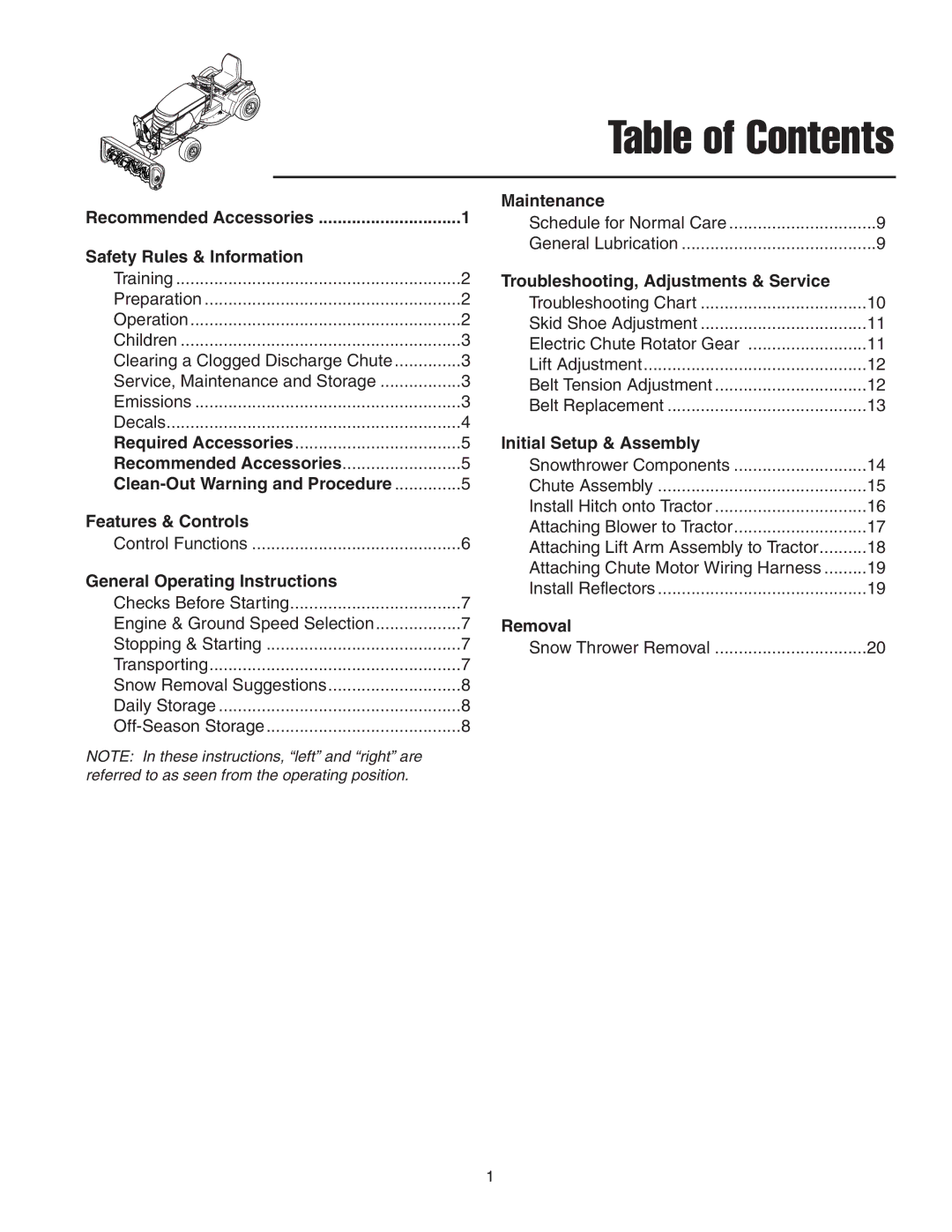 Snapper 42 Single-Stage Snowthrower manual Table of Contents 