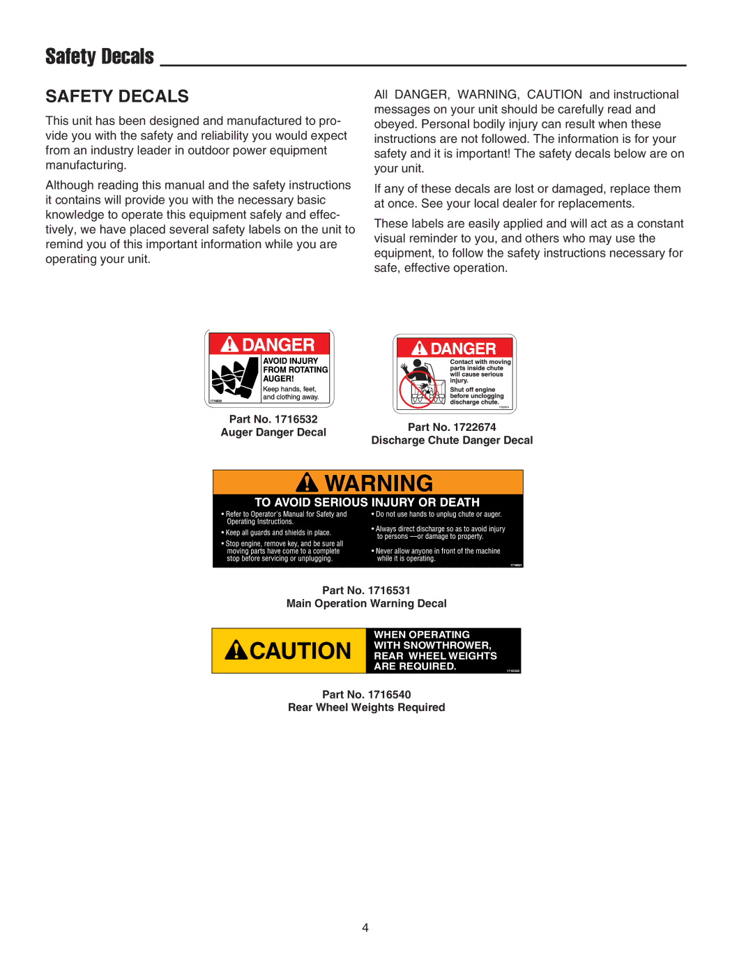 Snapper 42 Single-Stage Snowthrower manual Safety Decals 