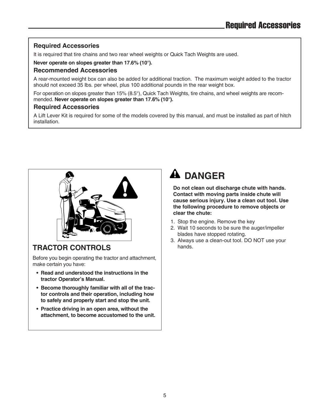 Snapper 42 Single-Stage Snowthrower manual Required Accessories, Tractor Controls, Recommended Accessories 