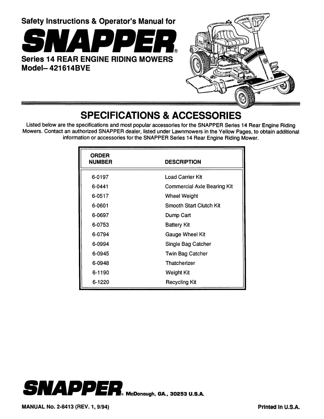 Snapper 421614BVE manual 