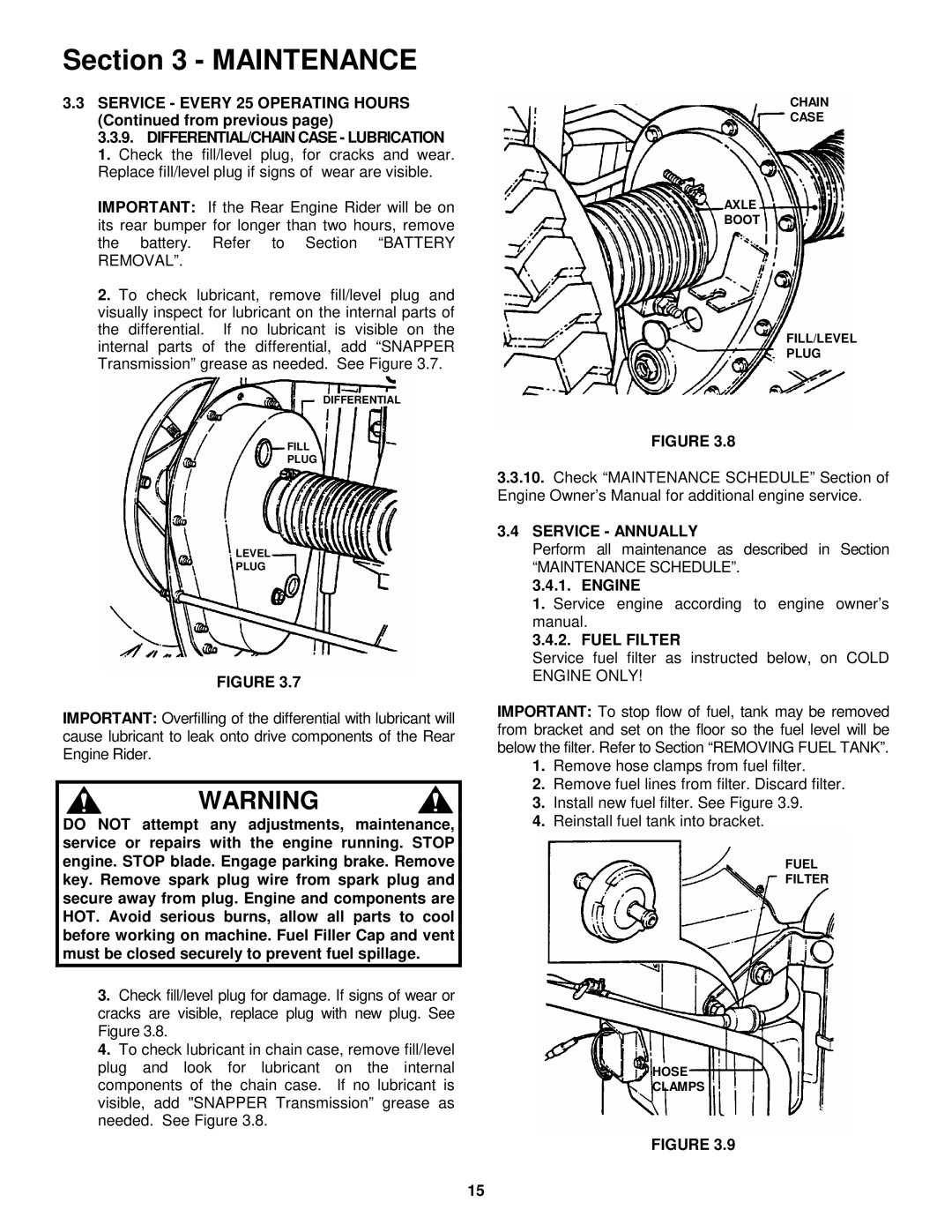 Snapper 421618BVE Service Every 25 Operating Hours from previous, Service Annually, Engine, Fuel Filter 