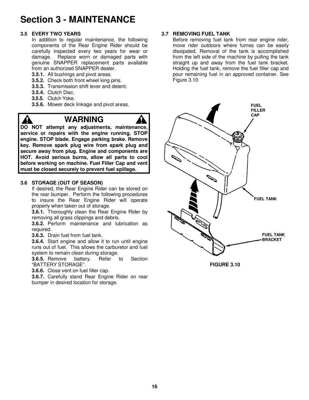 Snapper 421618BVE important safety instructions Every TWO Years, Storage OUT of Season, Removing Fuel Tank 