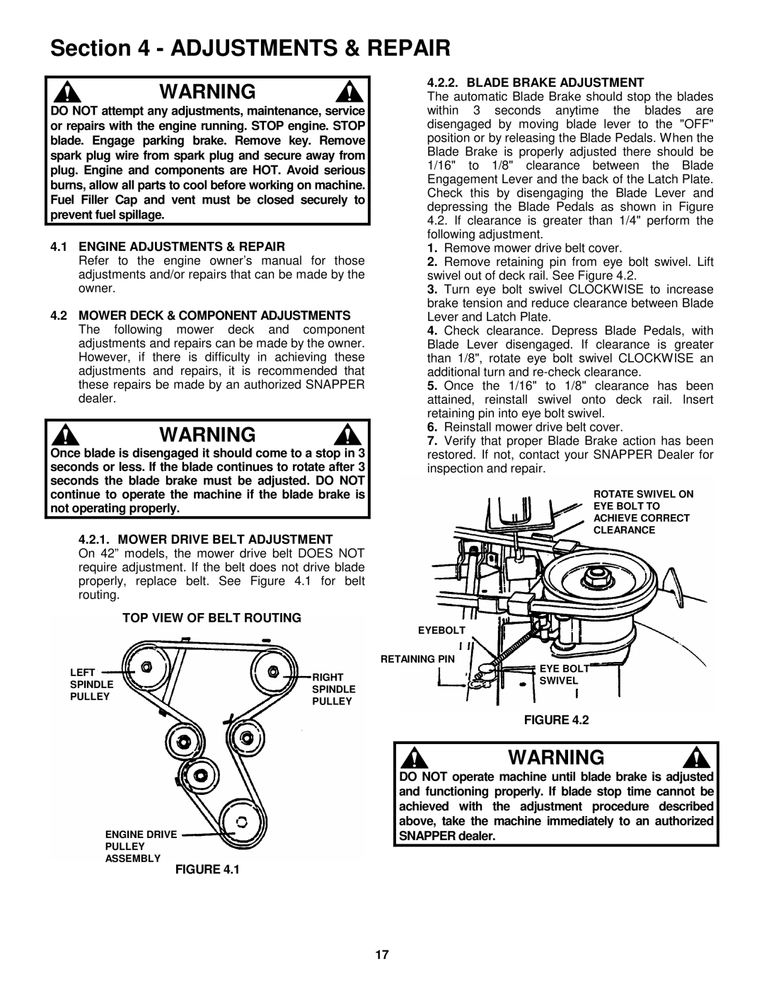 Snapper 421618BVE Engine Adjustments & Repair, Mower Drive Belt Adjustment, Blade Brake Adjustment 