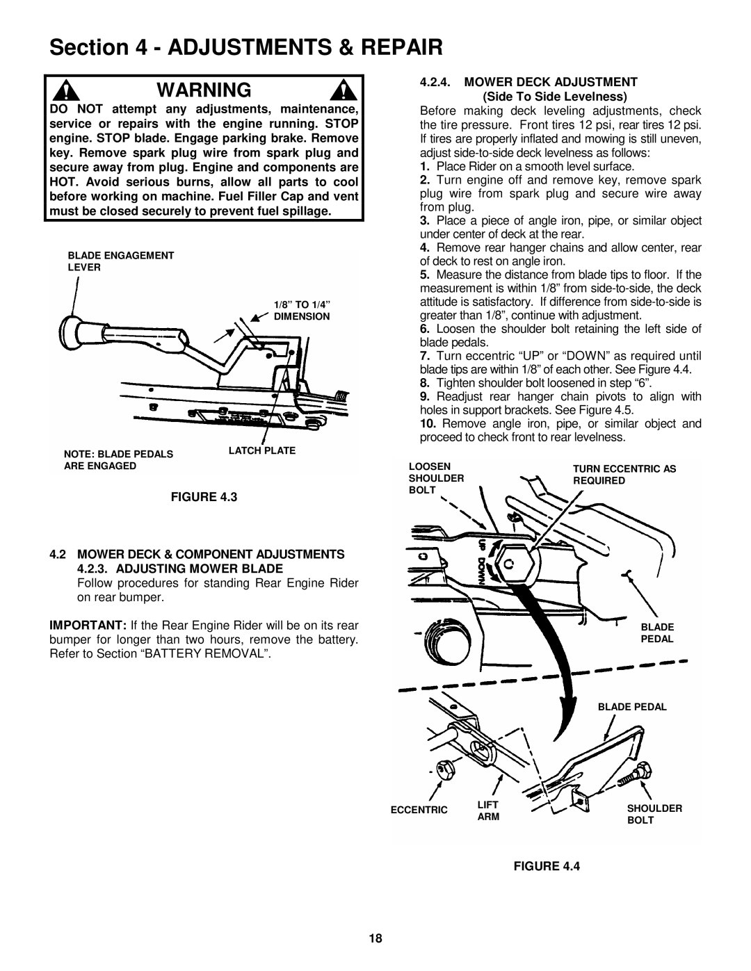 Snapper 421618BVE important safety instructions Mower Deck Adjustment, Side To Side Levelness 