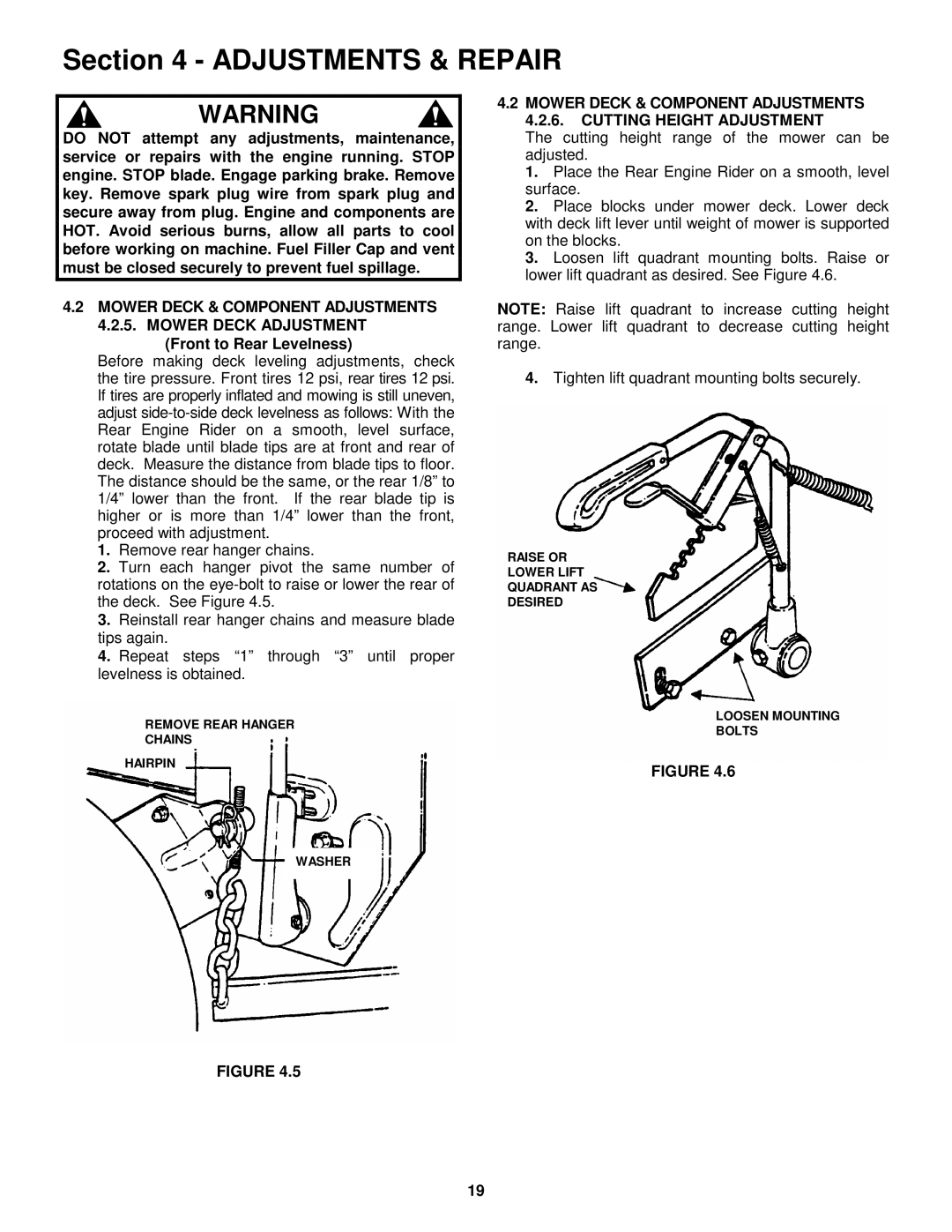 Snapper 421618BVE important safety instructions Front to Rear Levelness 