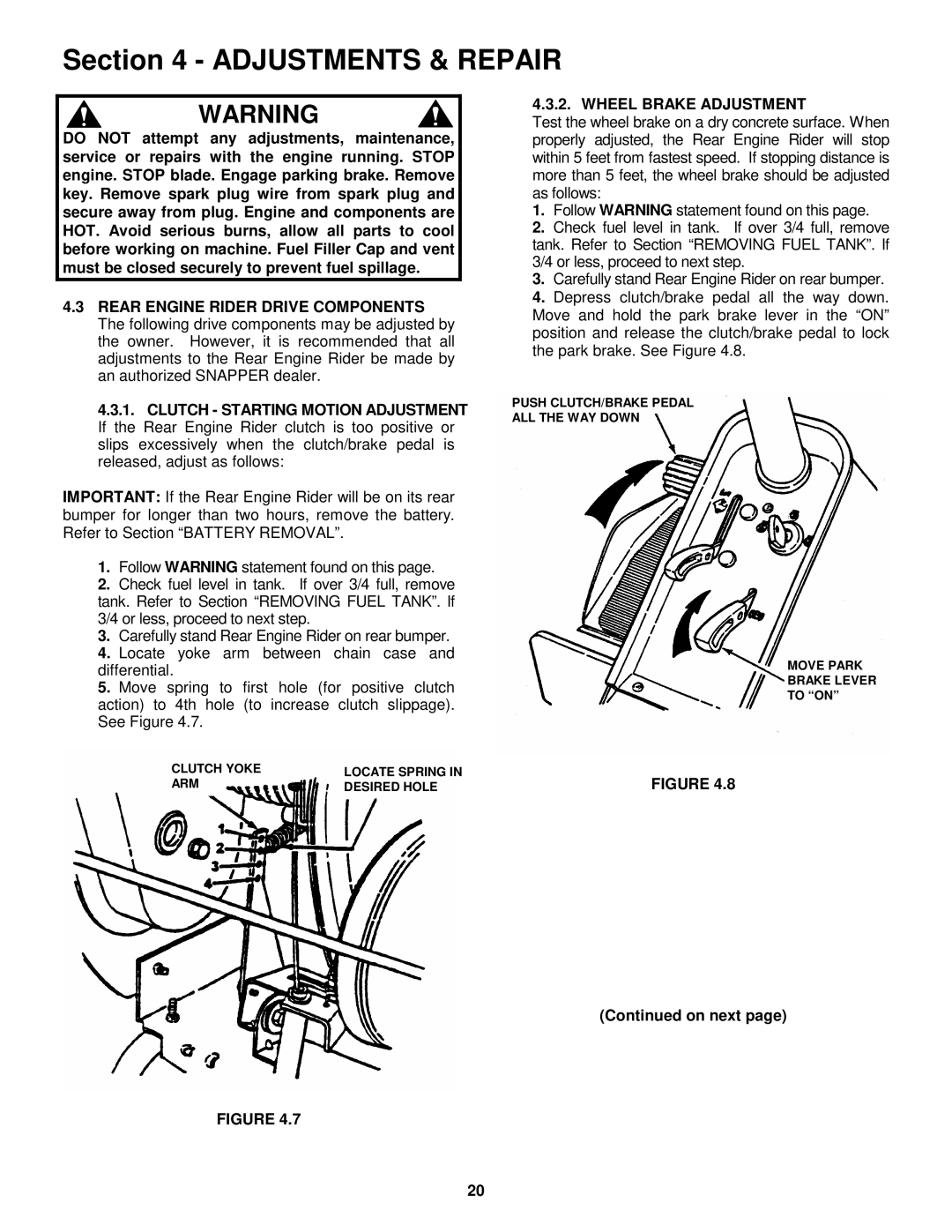 Snapper 421618BVE important safety instructions Wheel Brake Adjustment, On next 