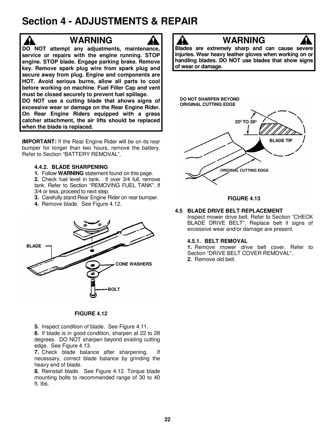 Snapper 421618BVE important safety instructions Blade Sharpening, Blade Drive Belt Replacement, Belt Removal 