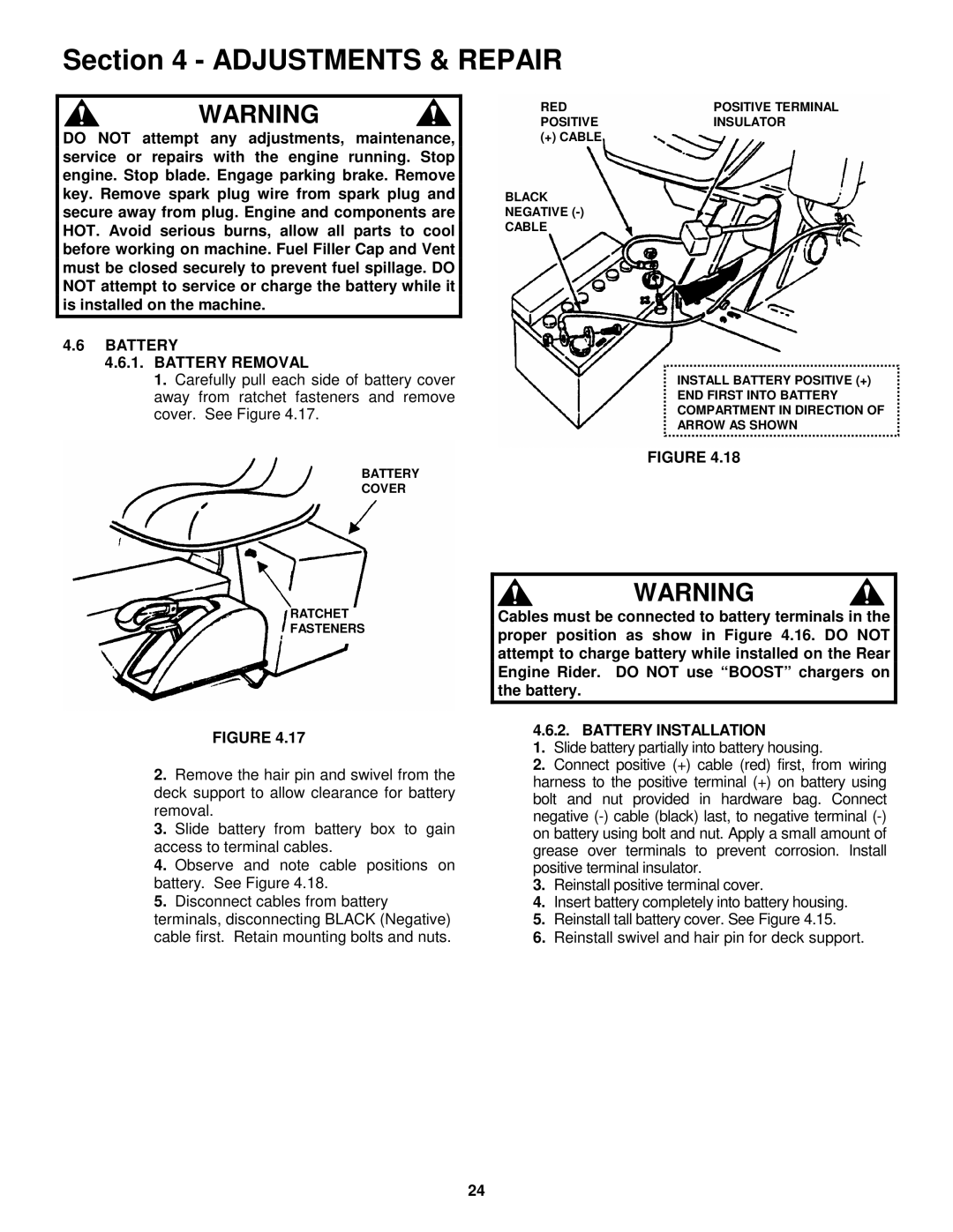 Snapper 421618BVE important safety instructions Battery Battery Removal, Battery Installation 