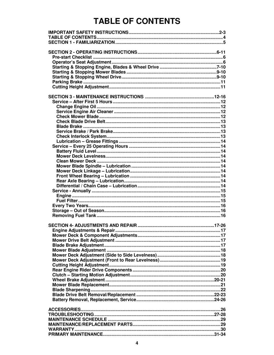 Snapper 421618BVE important safety instructions Table of Contents 