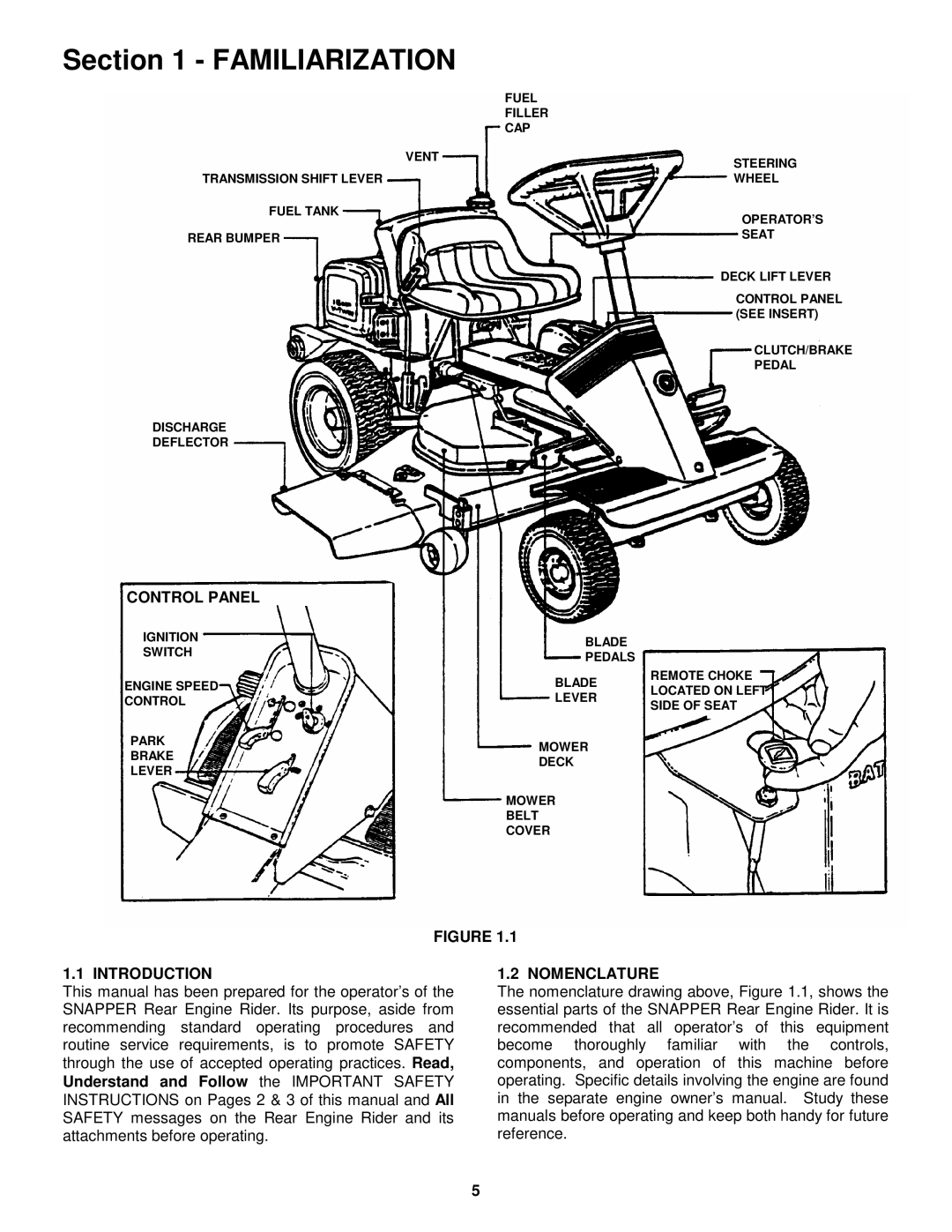 Snapper 421618BVE important safety instructions Control Panel, Introduction, Nomenclature 