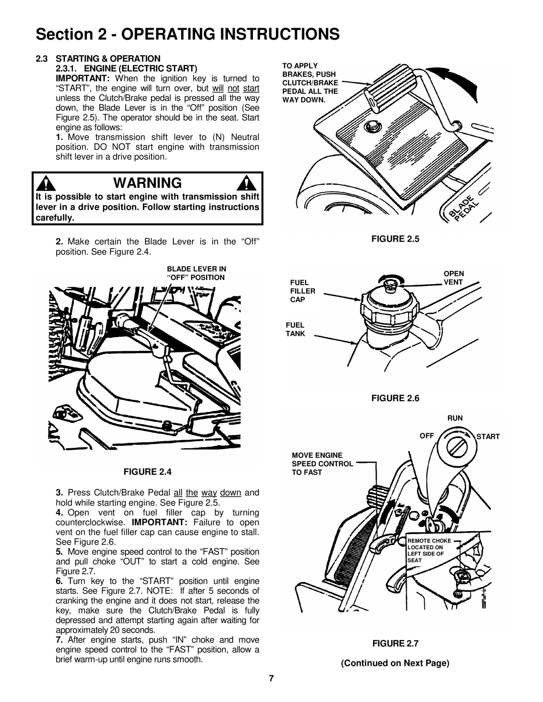 Snapper 421618BVE important safety instructions Starting & Operation Engine Electric Start, On Next 