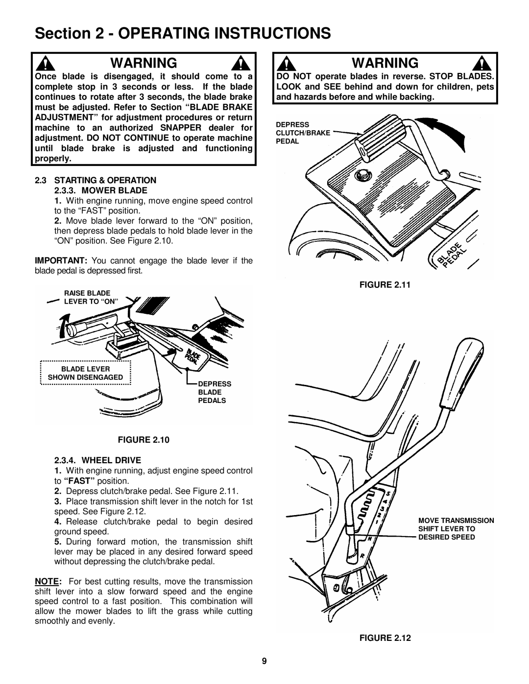 Snapper 421618BVE important safety instructions Starting & Operation 2.3.3. Mower Blade, Wheel Drive 