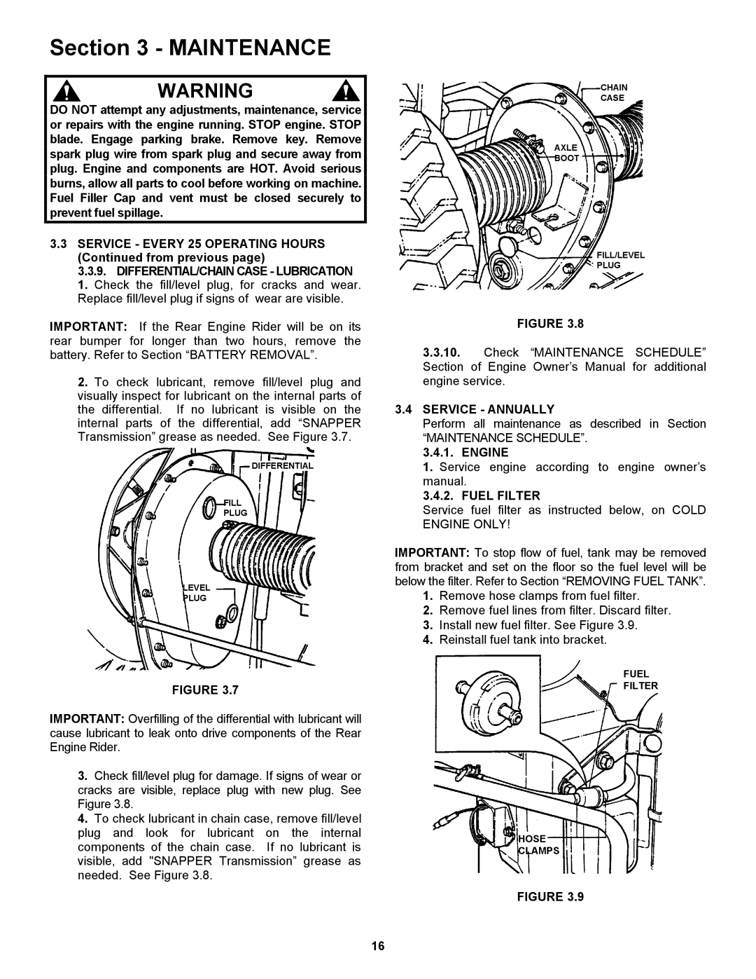 Snapper 421620BVE important safety instructions Service Annually, Engine, Fuel Filter 