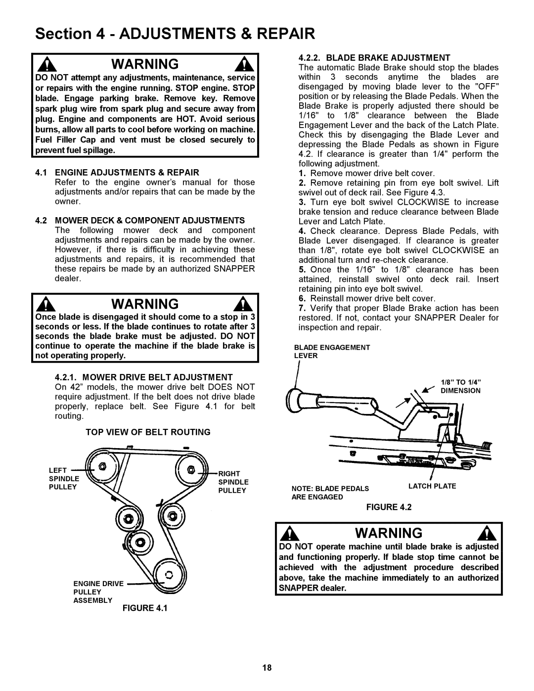 Snapper 421620BVE Engine Adjustments & Repair, Mower Drive Belt Adjustment, Blade Brake Adjustment 