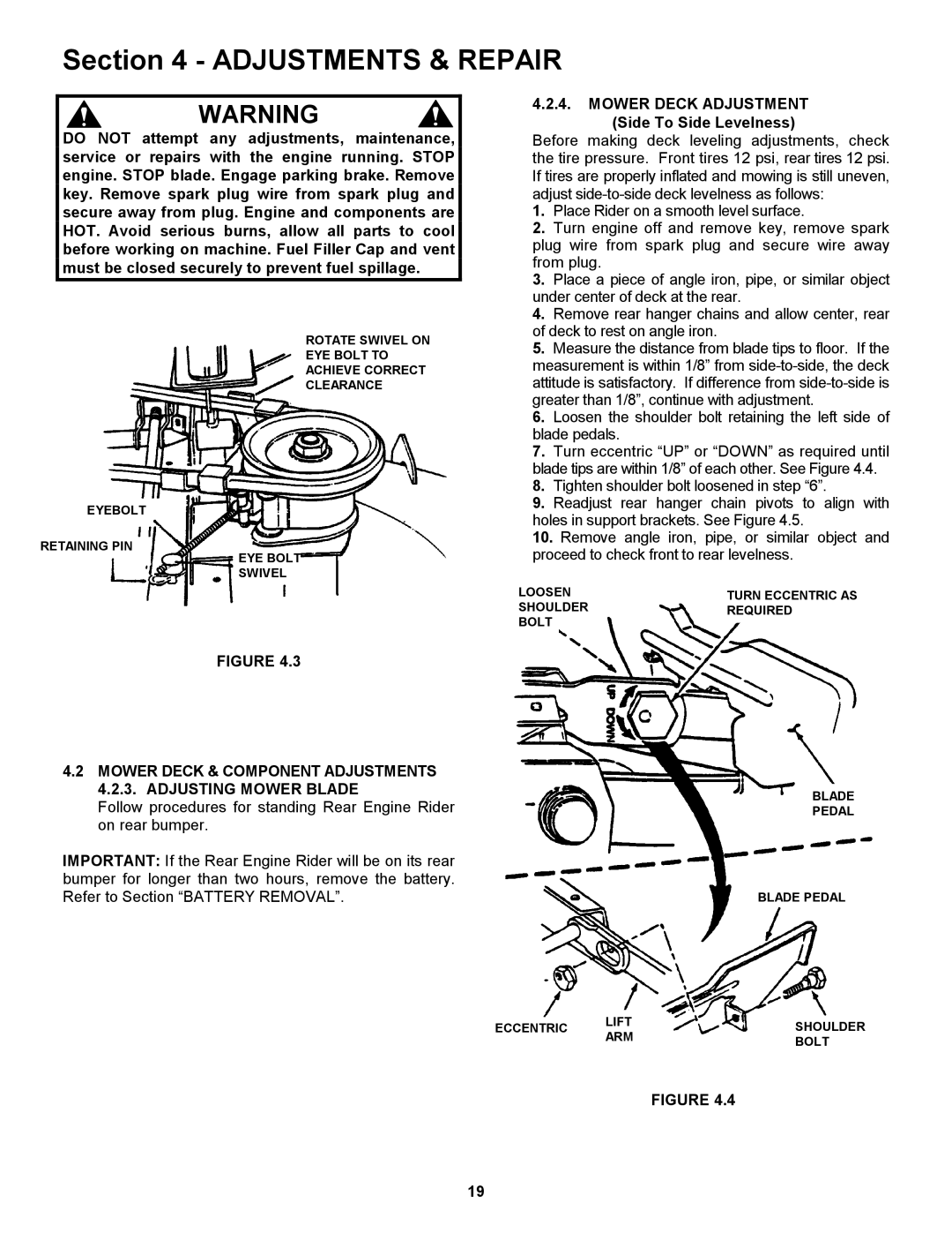 Snapper 421620BVE important safety instructions Mower Deck Adjustment, Side To Side Levelness 