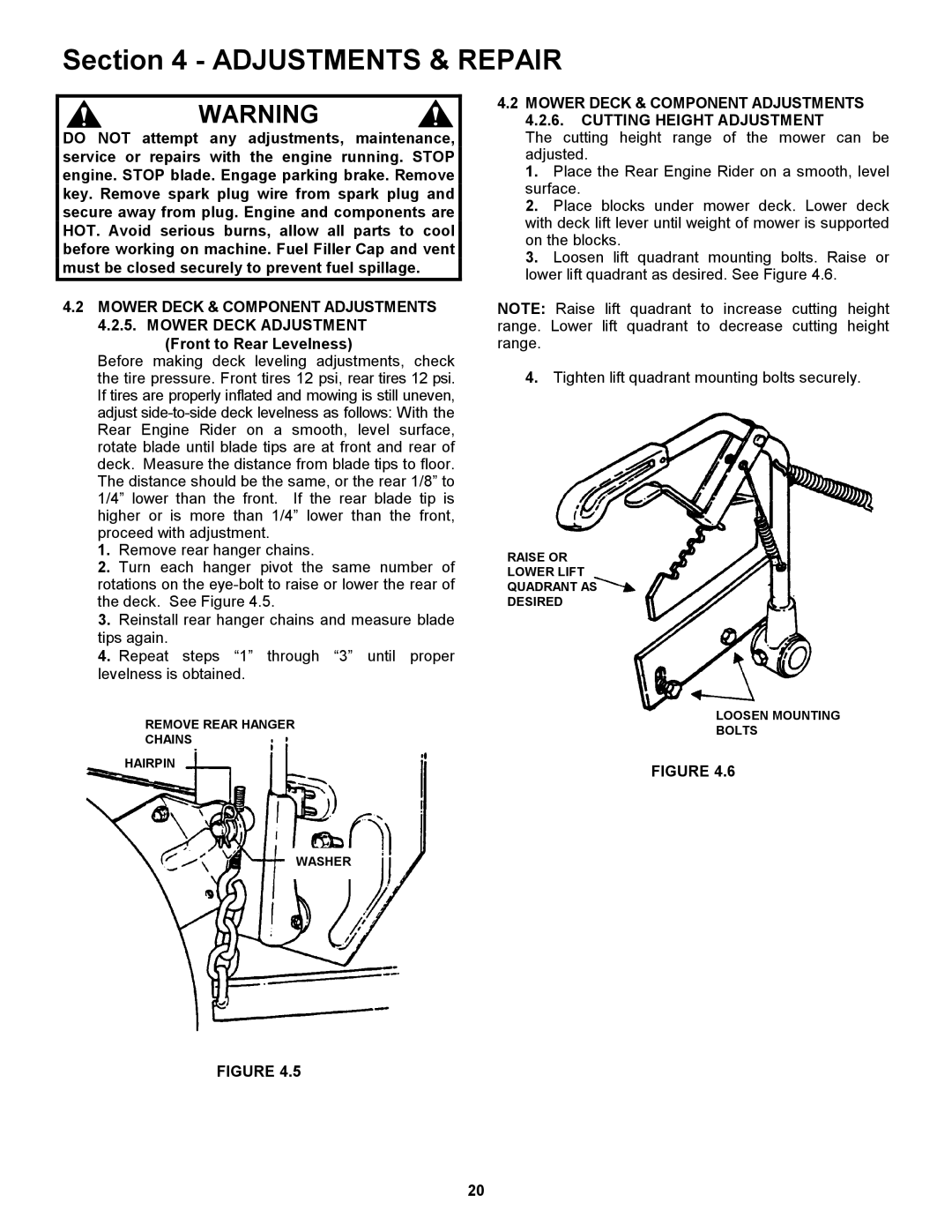 Snapper 421620BVE important safety instructions Front to Rear Levelness 