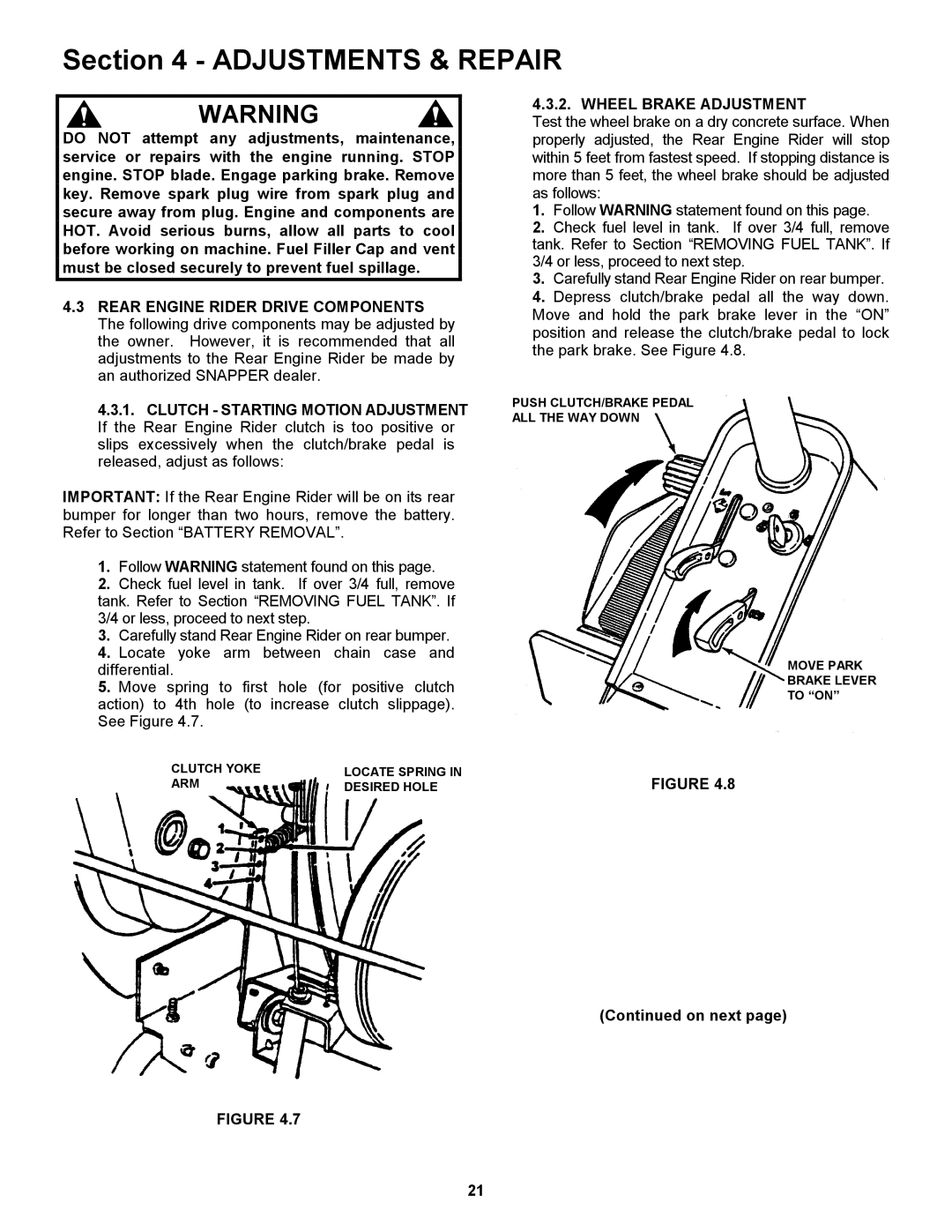 Snapper 421620BVE important safety instructions Wheel Brake Adjustment, On next 