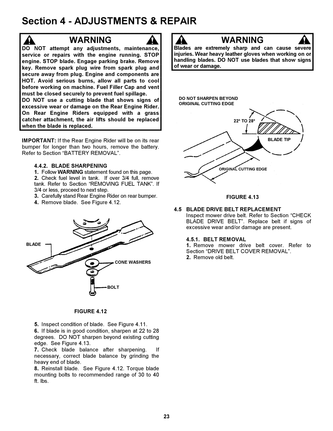 Snapper 421620BVE important safety instructions Blade Sharpening, Blade Drive Belt Replacement, Belt Removal 