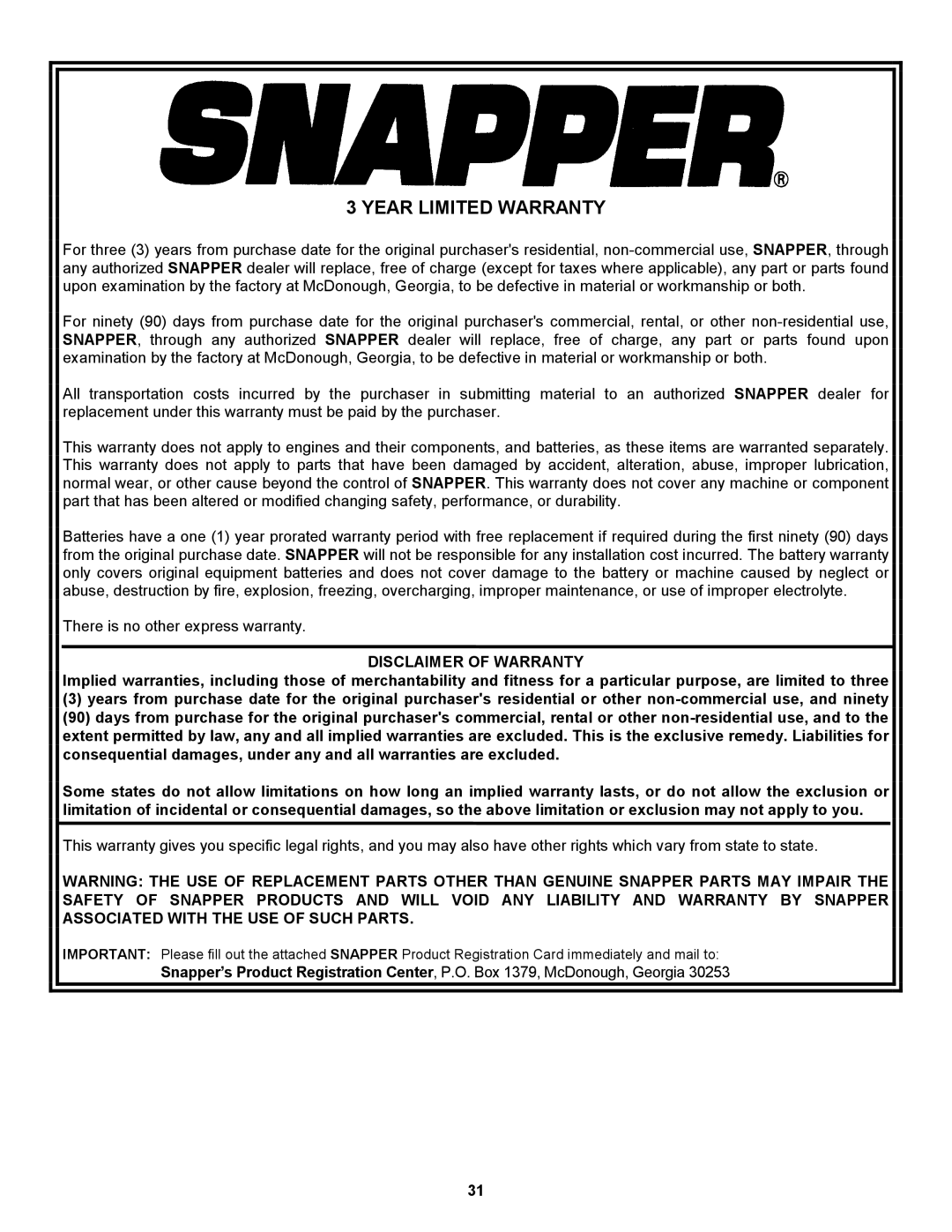 Snapper 421620BVE important safety instructions Year Limited Warranty, Disclaimer of Warranty 