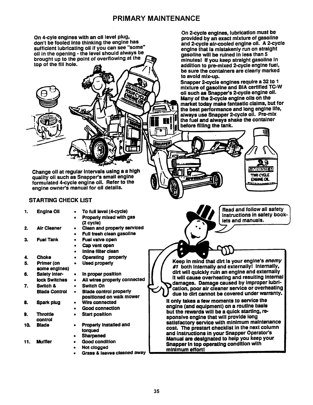 Snapper 421620BVE important safety instructions Primary Maintenance 