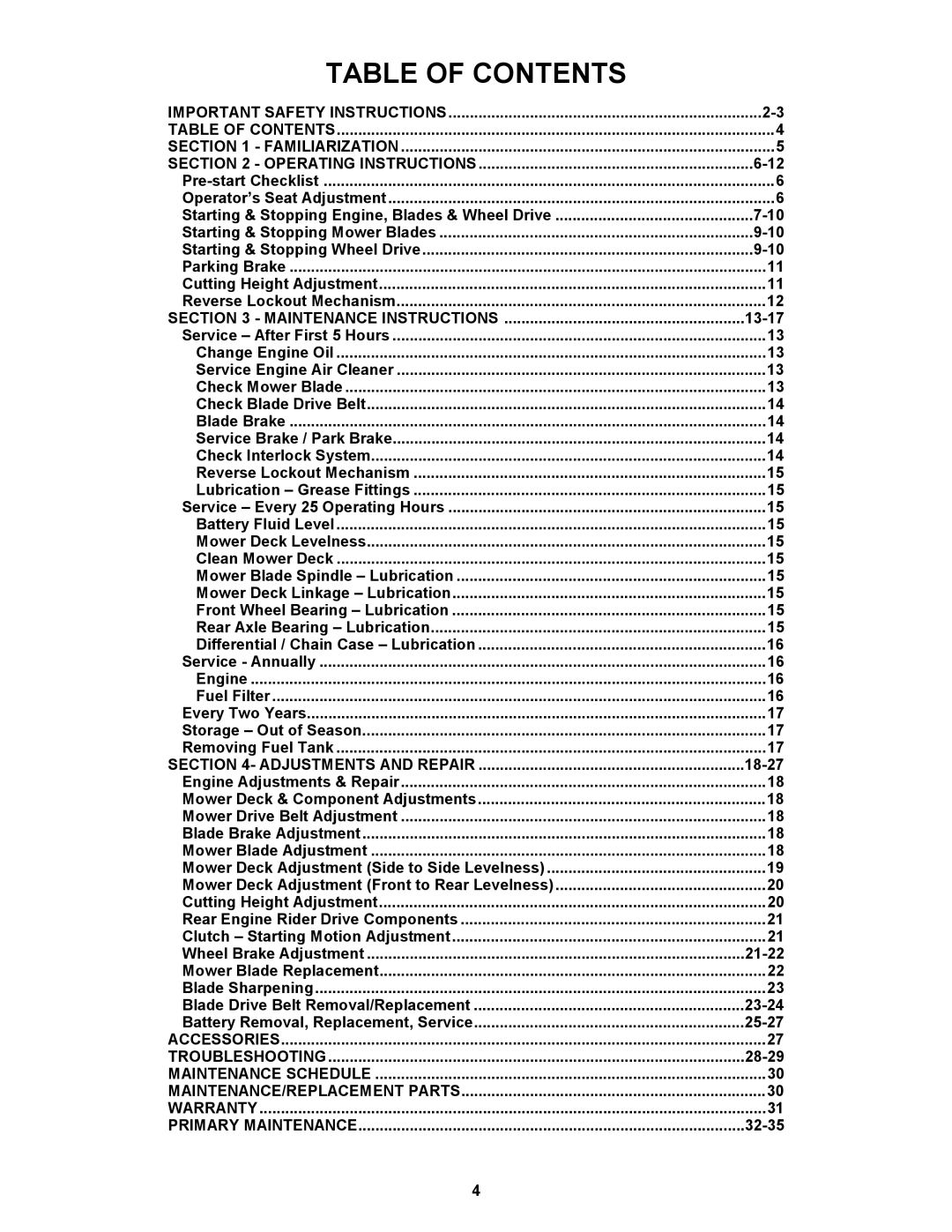 Snapper 421620BVE important safety instructions Table of Contents 