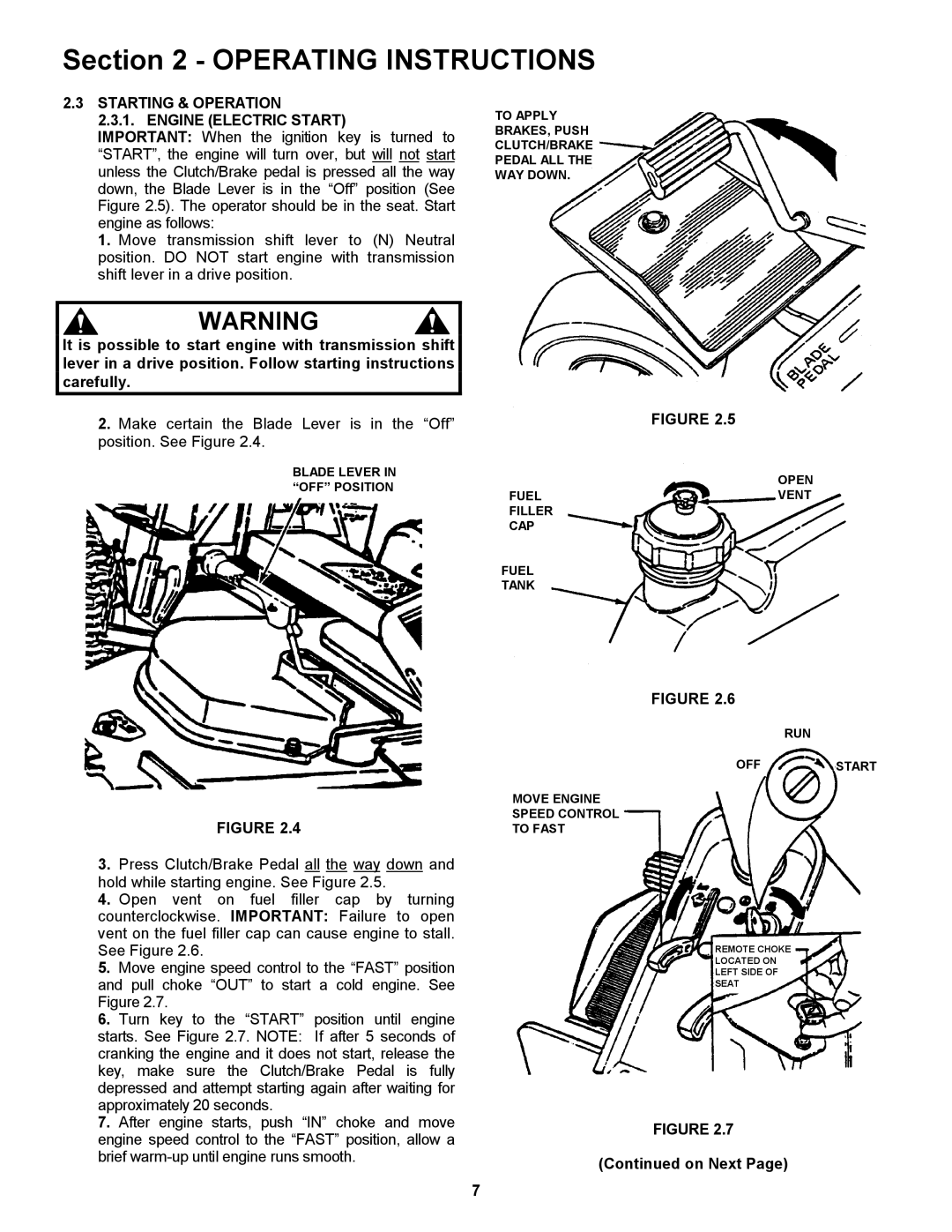 Snapper 421620BVE important safety instructions Starting & Operation Engine Electric Start, On Next 