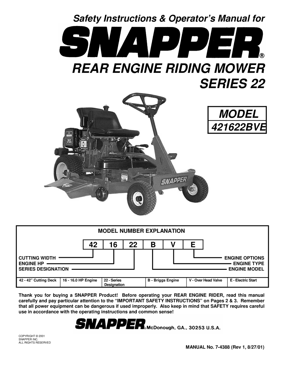 Snapper 421622BVE important safety instructions Rear Engine Riding Mower Series, Manual No -4388 Rev 1, 8/27/01 