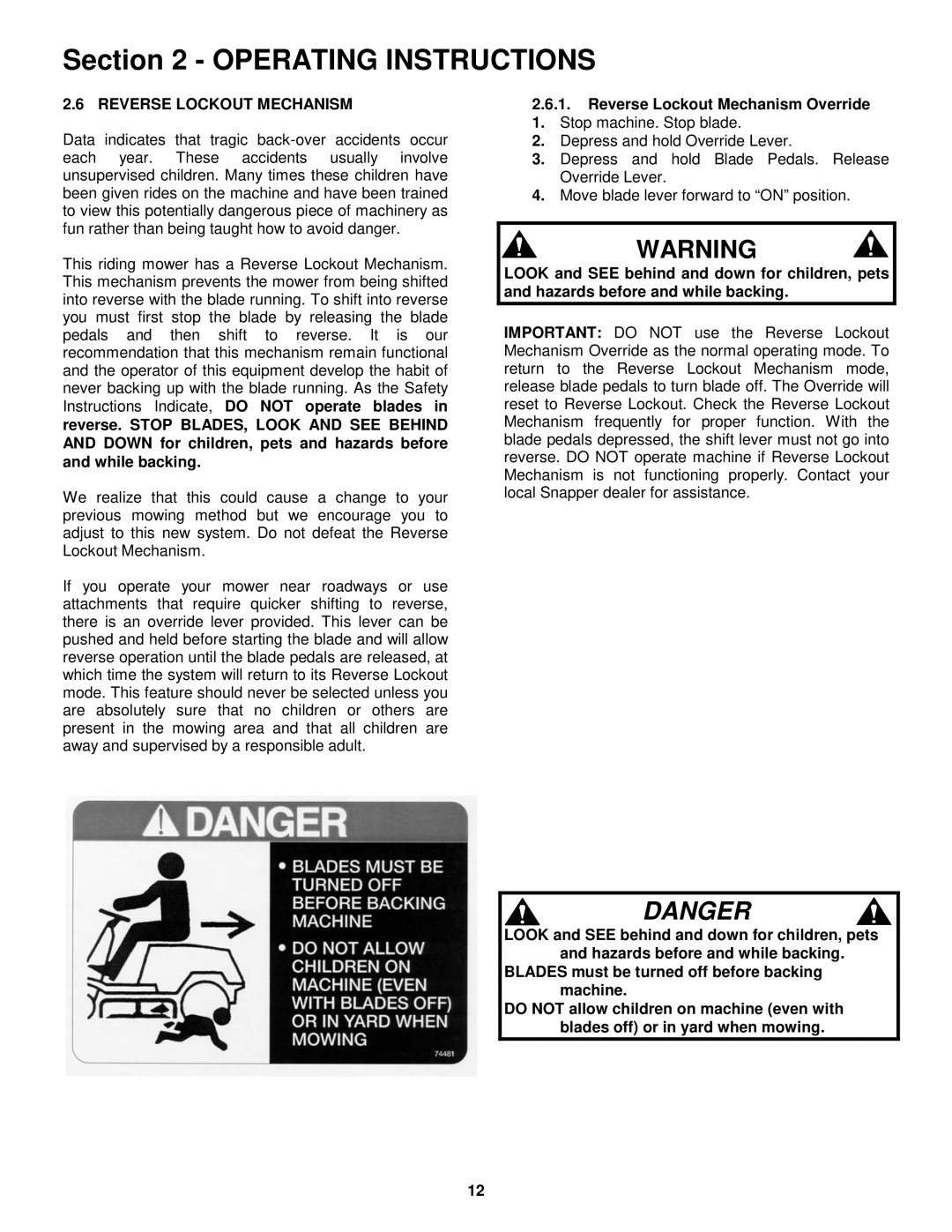 Snapper 421622BVE important safety instructions Reverse Lockout Mechanism Override 