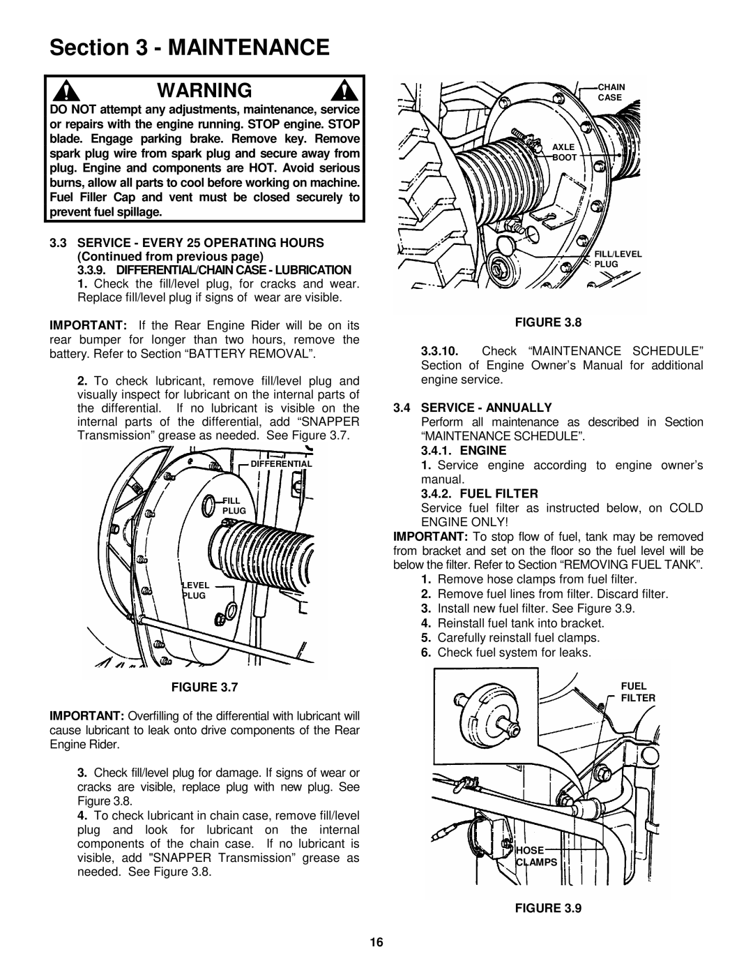 Snapper 421622BVE important safety instructions Service Annually, Engine, Fuel Filter 