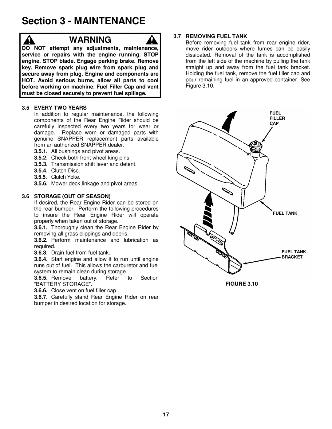 Snapper 421622BVE important safety instructions Every TWO Years, Storage OUT of Season, Removing Fuel Tank 