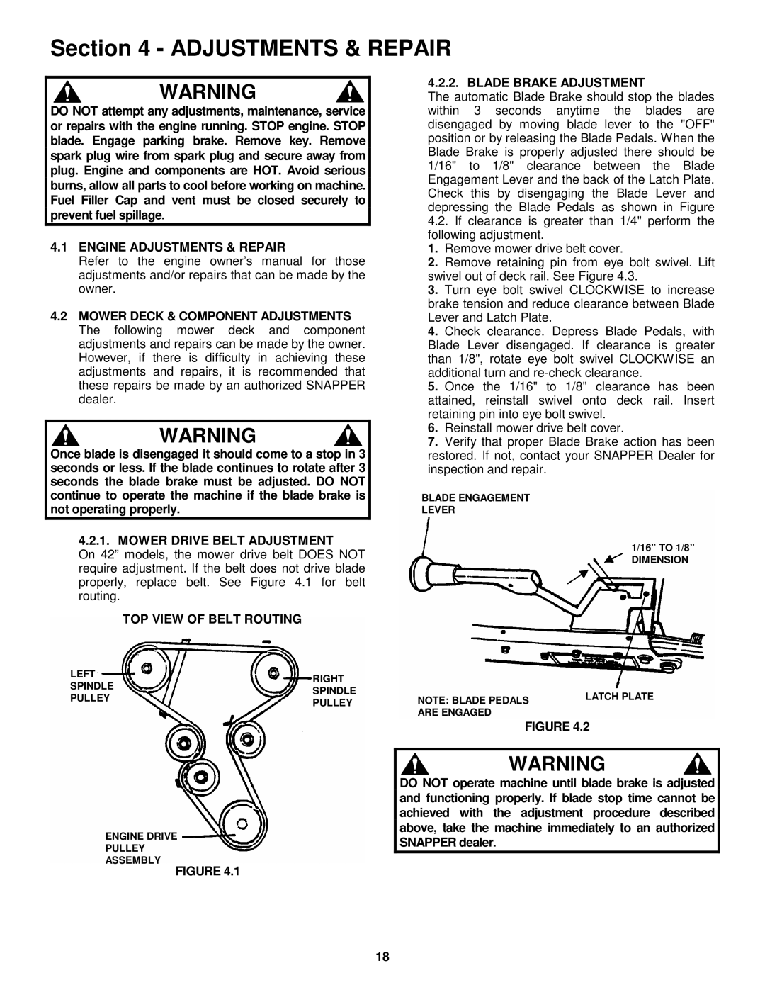 Snapper 421622BVE Engine Adjustments & Repair, Mower Drive Belt Adjustment, Blade Brake Adjustment 