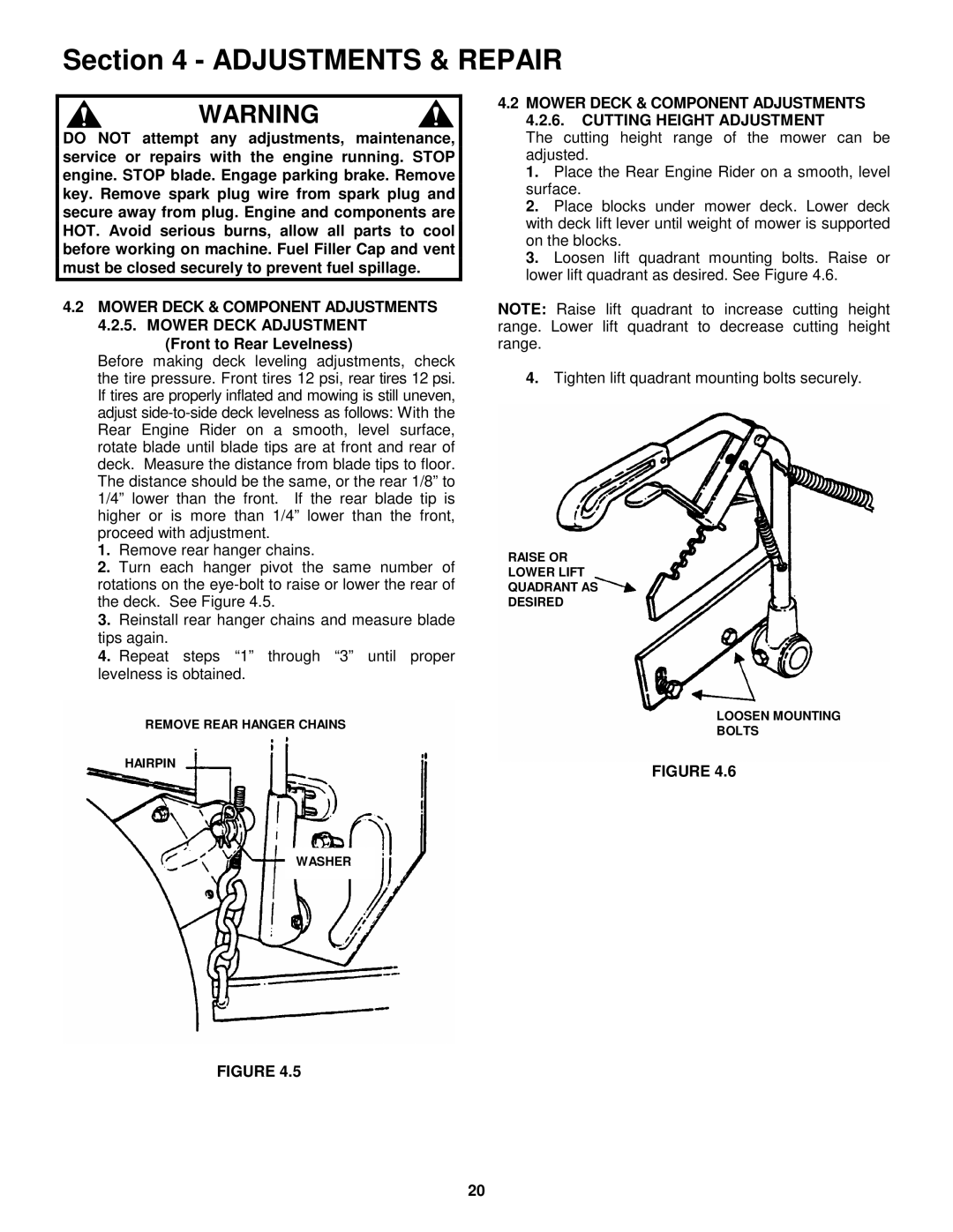 Snapper 421622BVE important safety instructions Front to Rear Levelness 