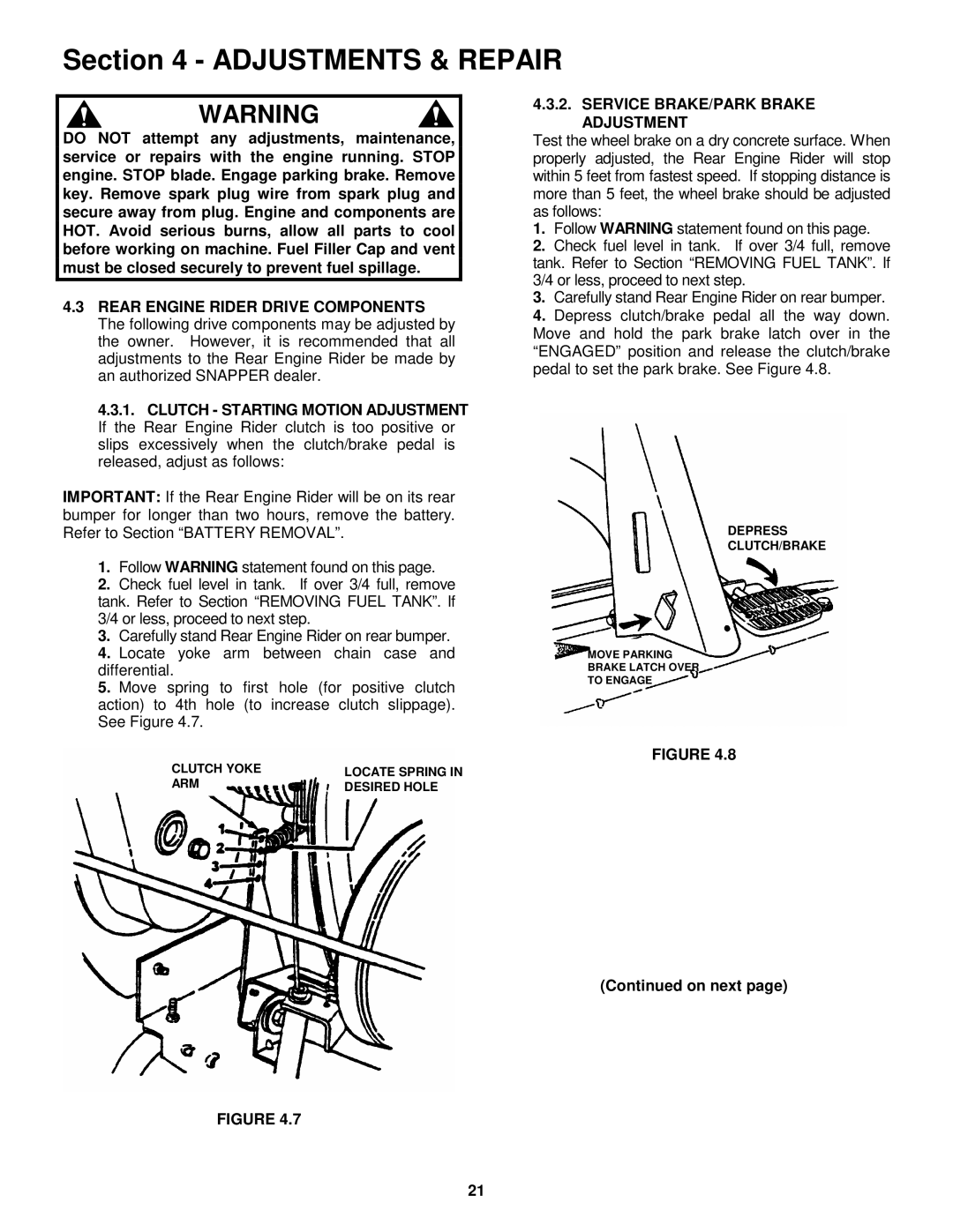 Snapper 421622BVE important safety instructions Service BRAKE/PARK Brake Adjustment, On next 