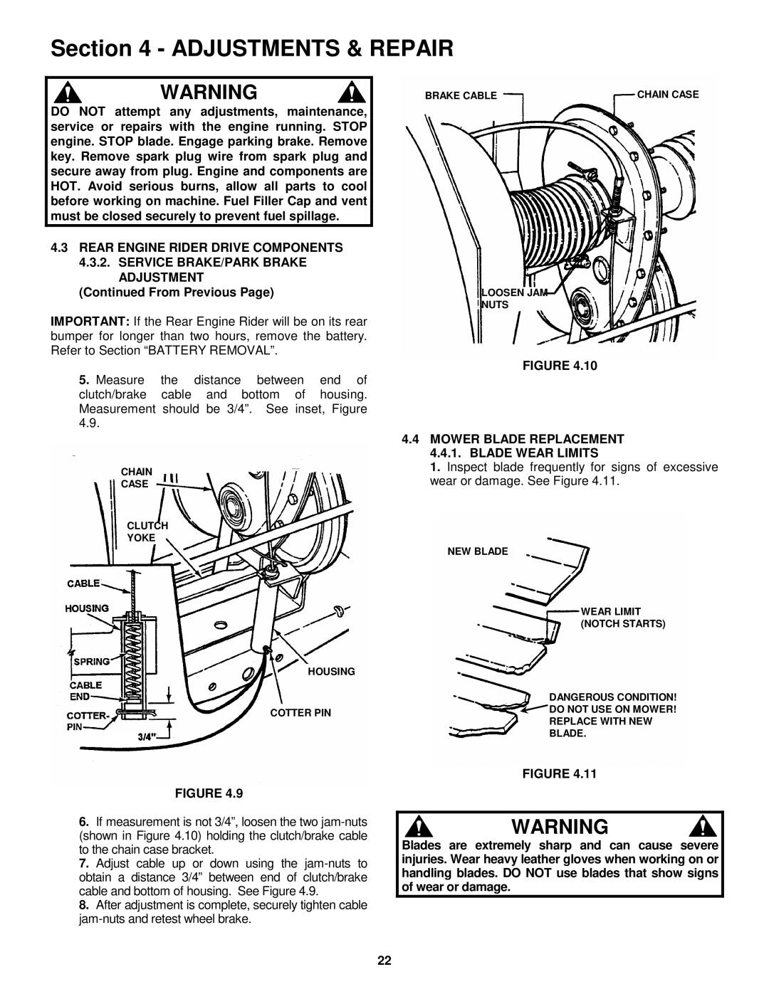 Snapper 421622BVE important safety instructions Adjustment From Previous, Mower Blade Replacement 4.4.1. Blade Wear Limits 