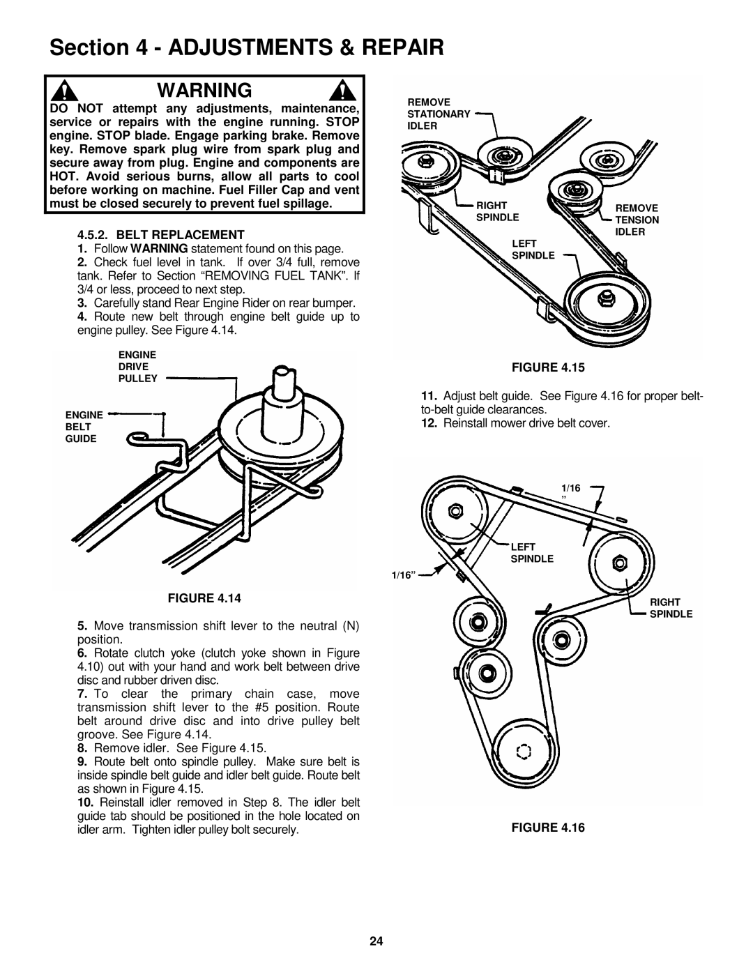 Snapper 421622BVE important safety instructions Belt Replacement 