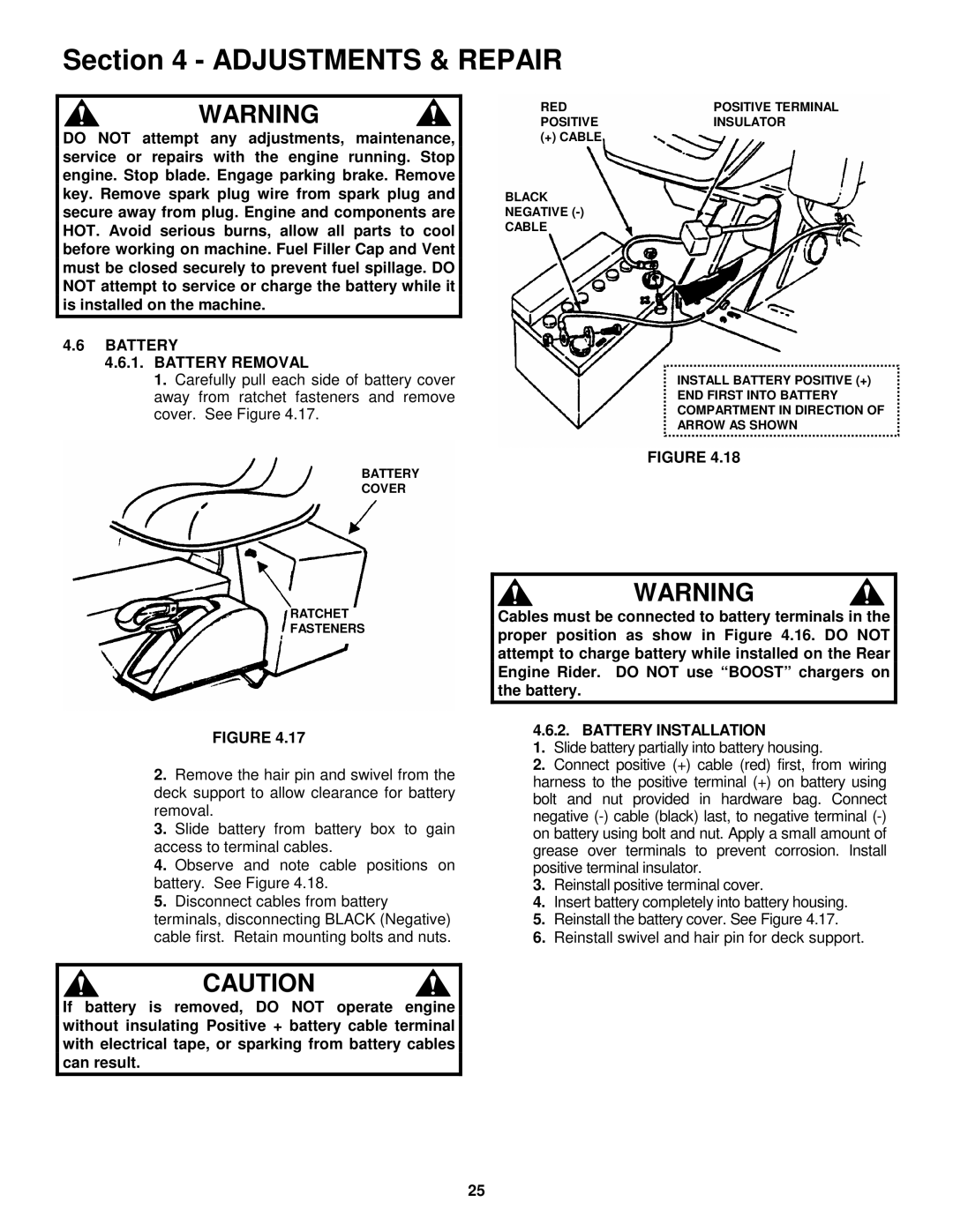 Snapper 421622BVE important safety instructions Battery Battery Removal, Battery Installation 