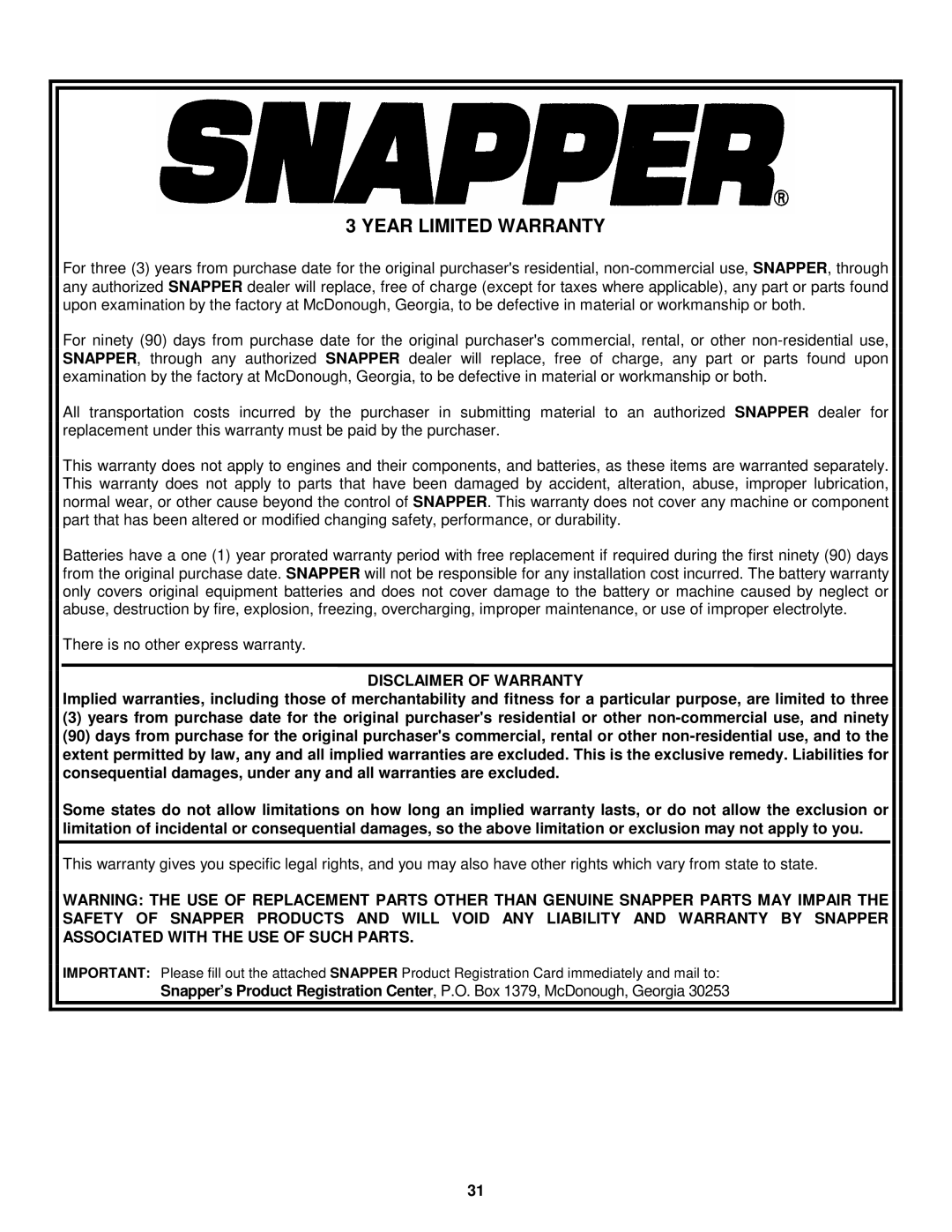 Snapper 421622BVE important safety instructions Year Limited Warranty, Disclaimer of Warranty 