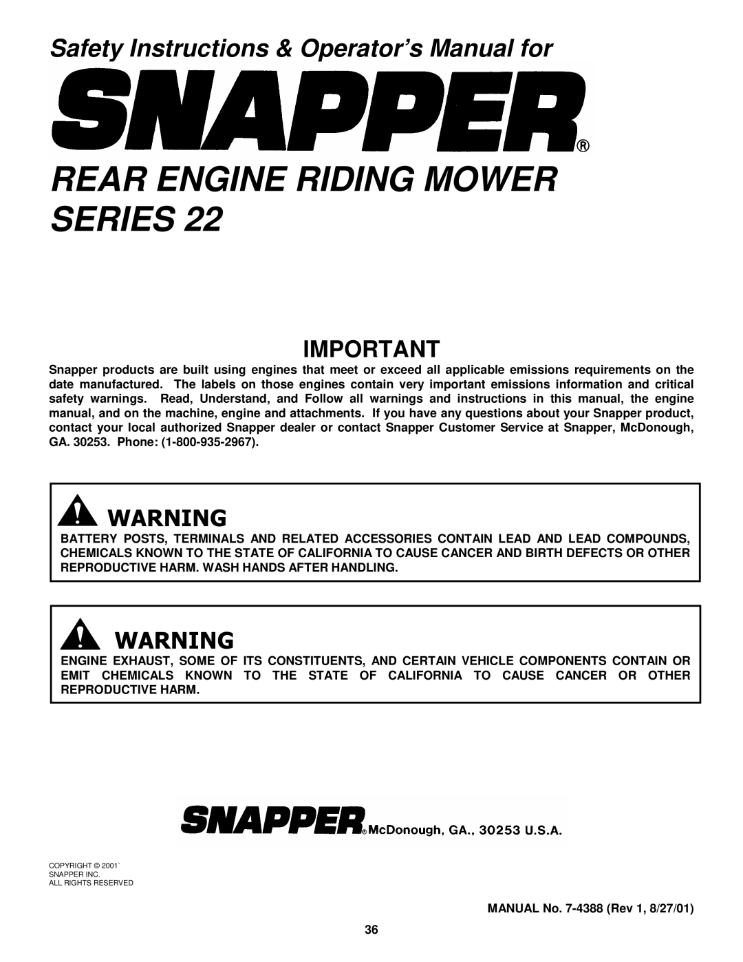 Snapper 421622BVE important safety instructions Copyright 2001` Snapper INC ALL Rights Reserved 