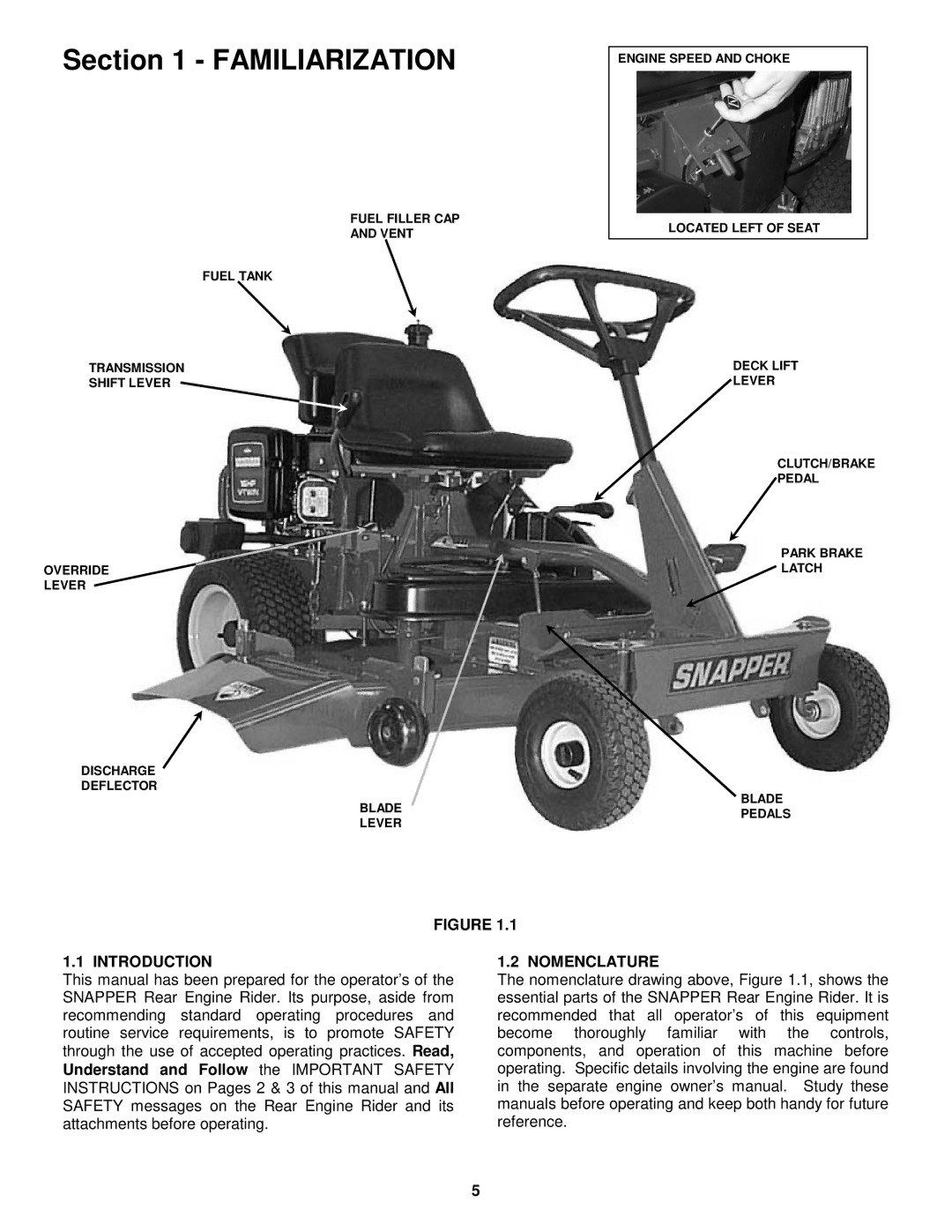 Snapper 421622BVE important safety instructions Introduction, Nomenclature 