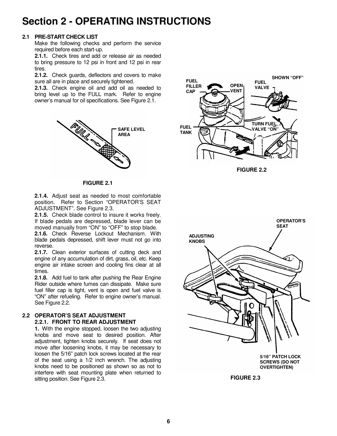 Snapper 421622BVE important safety instructions PRE-START Check List, OPERATOR’S Seat Adjustment Front to Rear Adjustment 