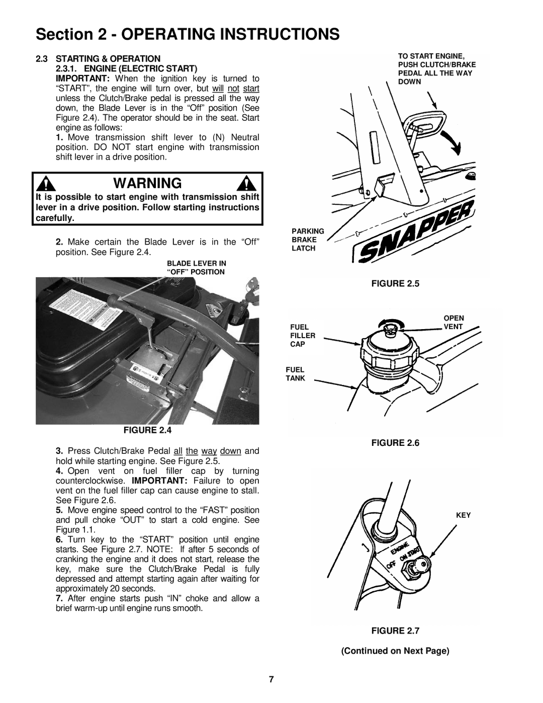 Snapper 421622BVE important safety instructions Starting & Operation Engine Electric Start, On Next 