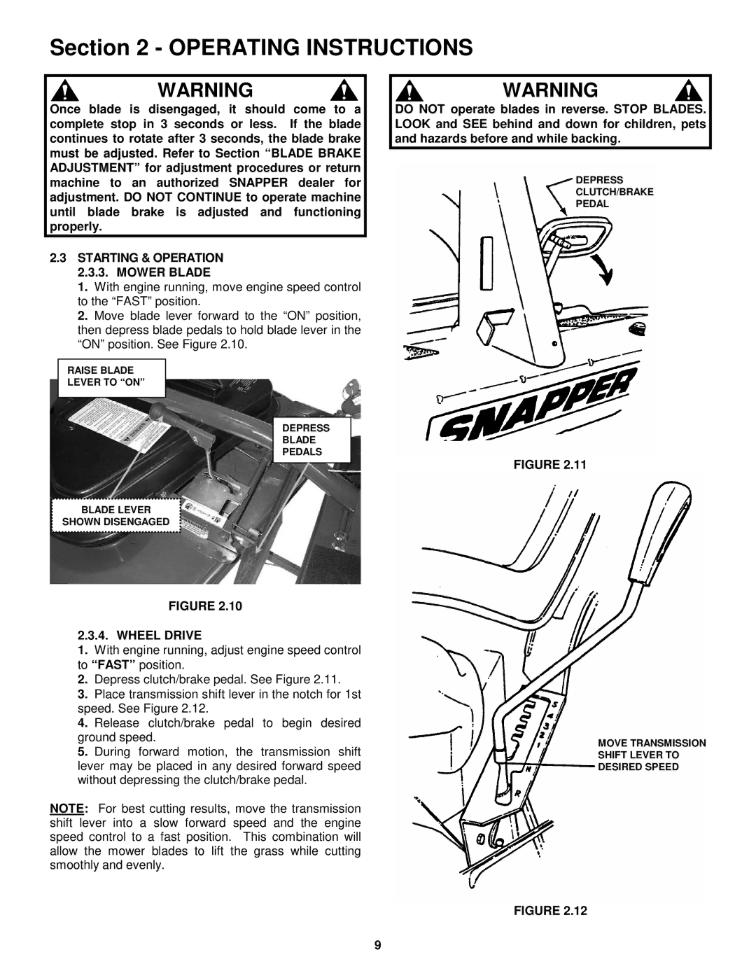 Snapper 421622BVE important safety instructions Starting & Operation 2.3.3. Mower Blade, Wheel Drive 