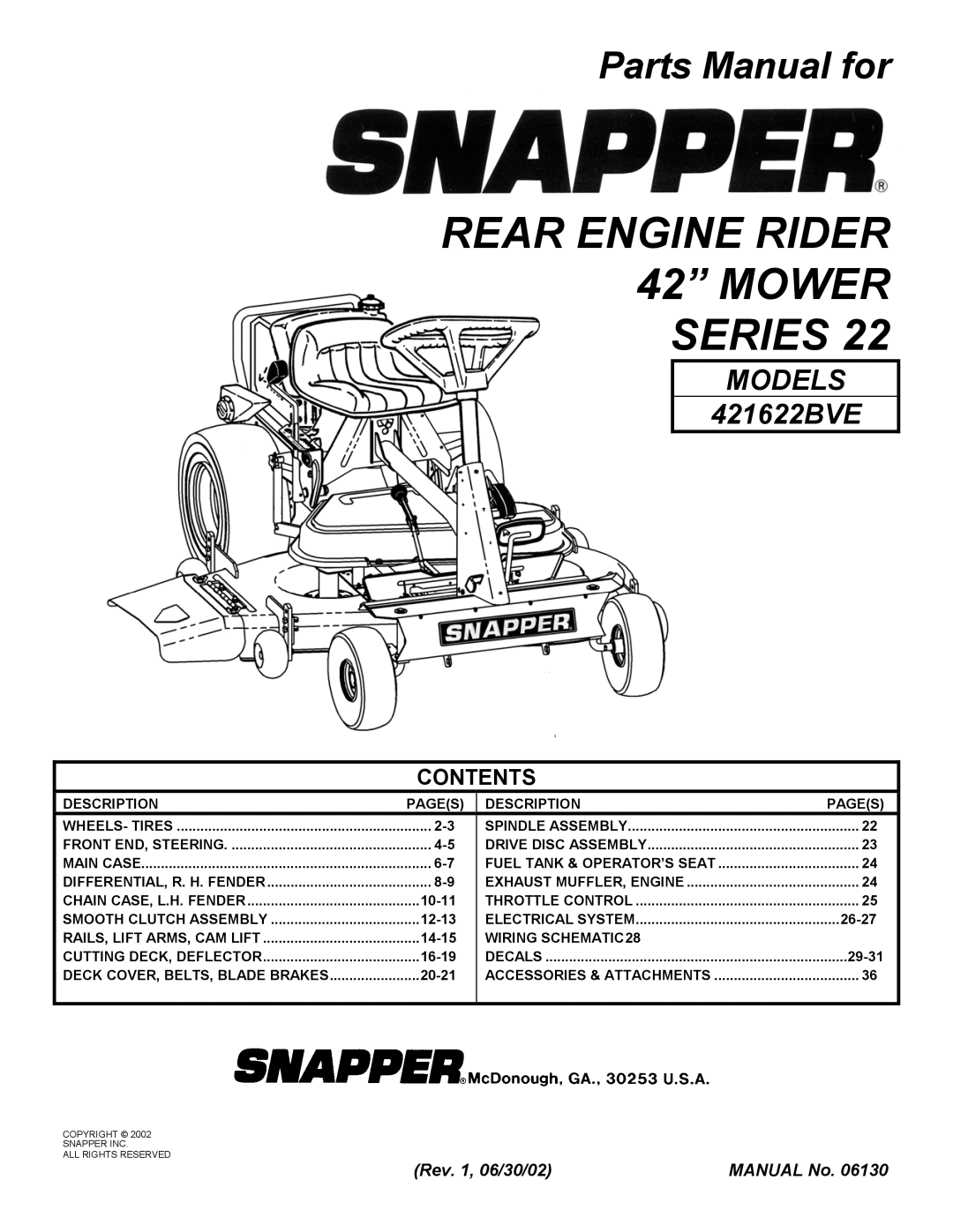 Snapper 421622BVE manual Rear Engine Rider 42 Mower Series 