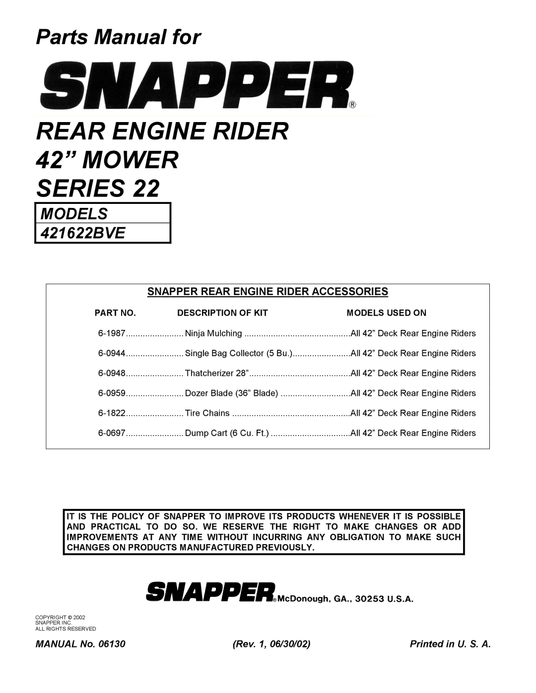 Snapper 421622BVE manual Snapper Rear Engine Rider Accessories, Description of KIT Models Used on 