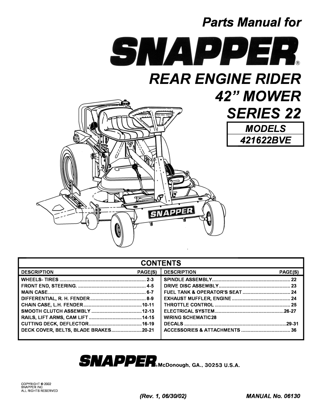Snapper manual REAR ENGINE RIDER 42” MOWER SERIES, Parts Manual for, MODELS 421622BVE, Contents, Rev. 1, 06/30/02 