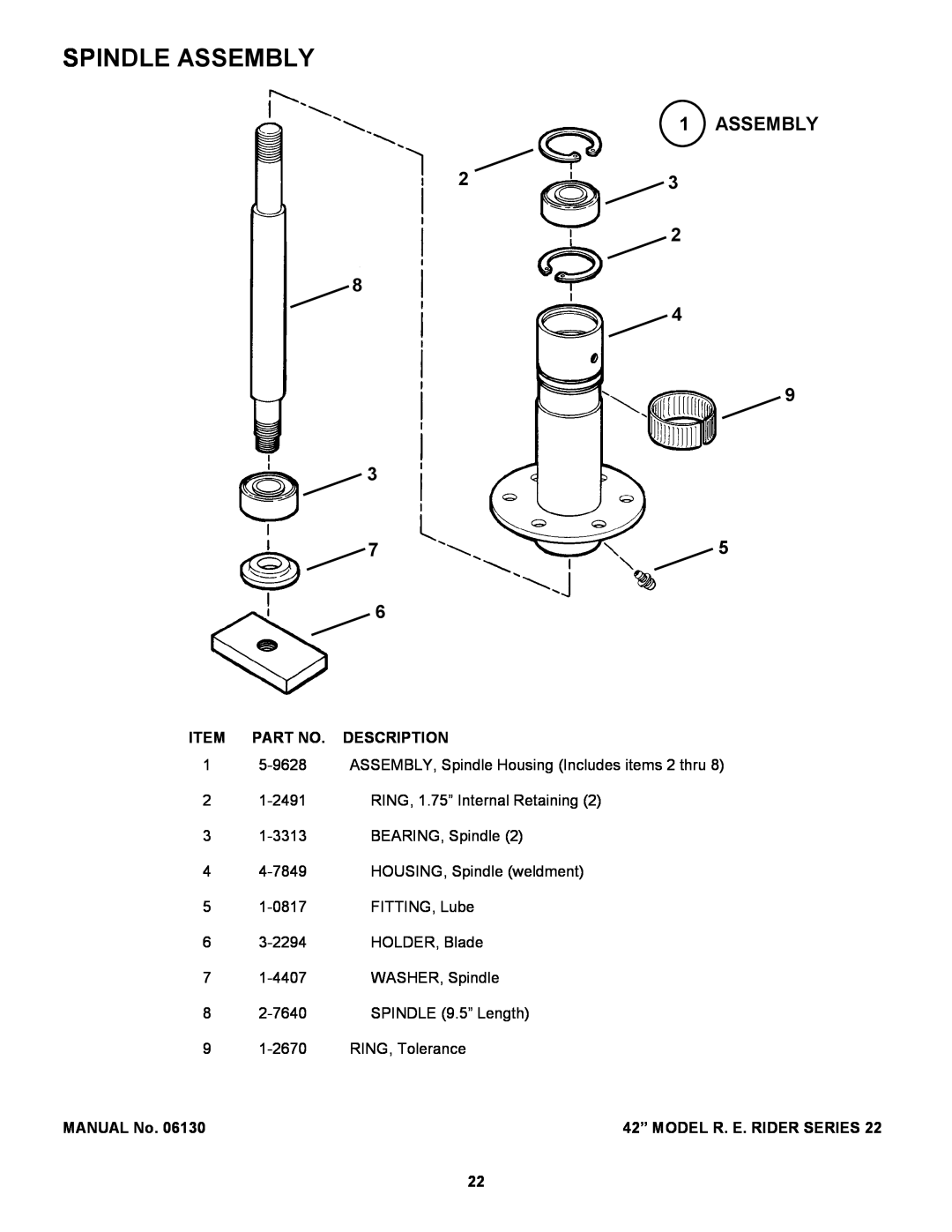 Snapper 421622BVE manual Spindle Assembly, Description, MANUAL No, 42” MODEL R. E. RIDER SERIES 