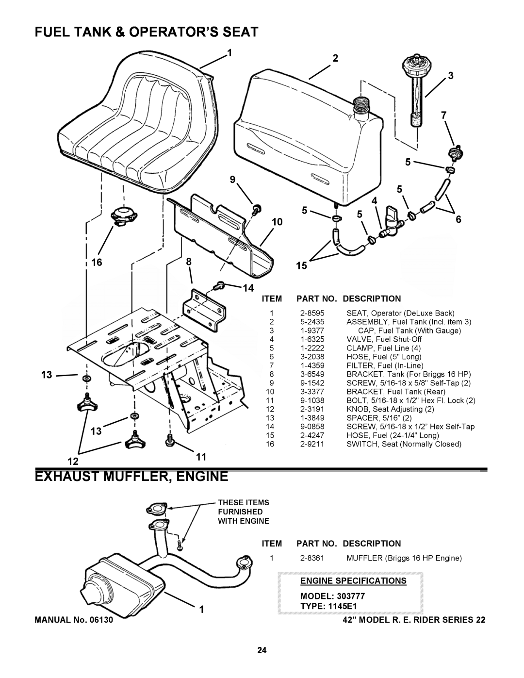 Snapper 421622BVE Fuel Tank & Operator’S Seat, Exhaust Muffler, Engine, 1211, Engine Specifications, Model, TYPE 1145E1 
