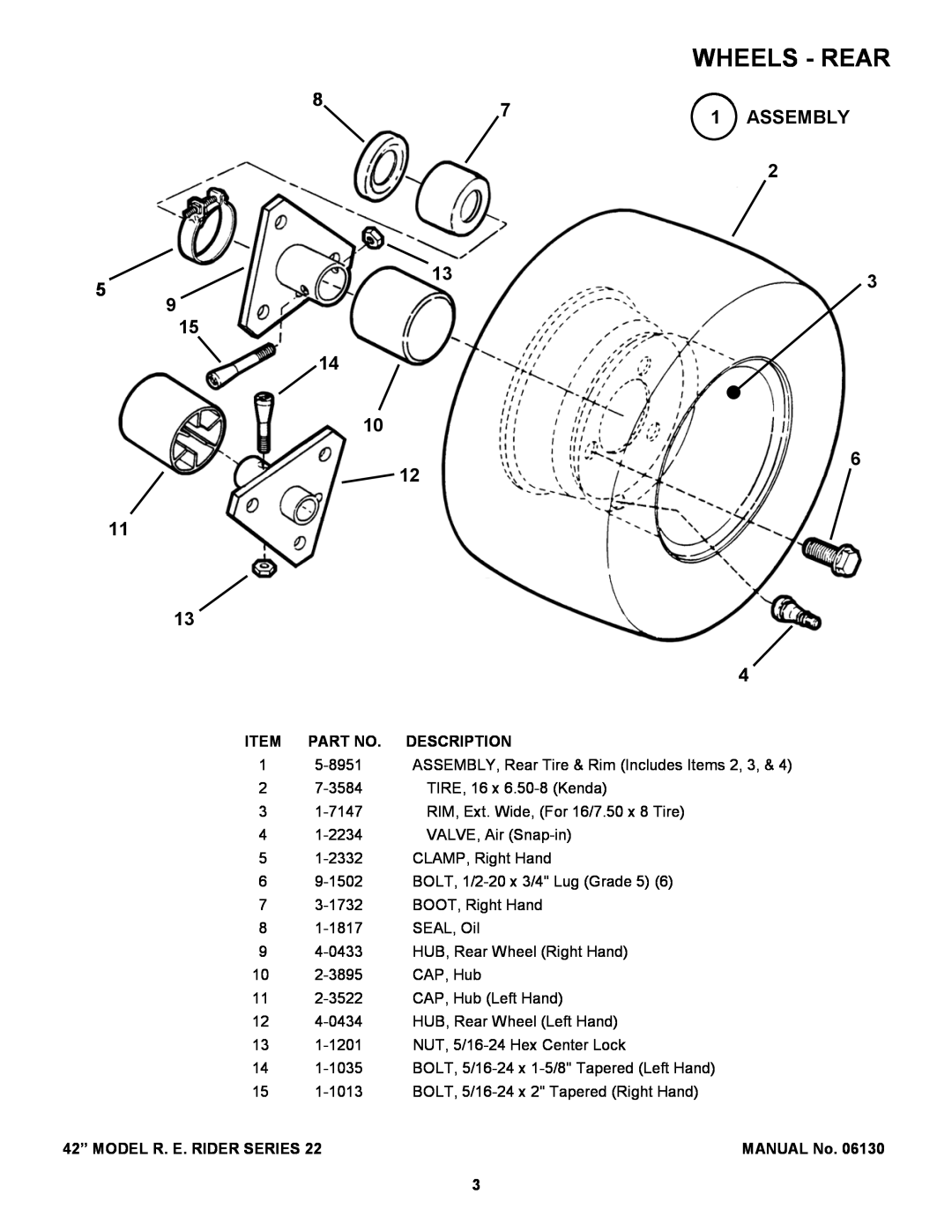 Snapper 421622BVE manual Wheels - Rear, Assembly, Description, 42” MODEL R. E. RIDER SERIES, MANUAL No 