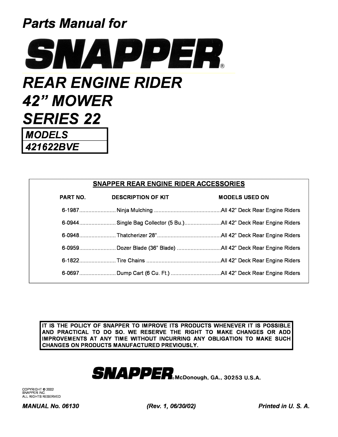 Snapper 421622BVE Snapper Rear Engine Rider Accessories, MANUAL No, Description Of Kit, Models Used On, Parts Manual for 