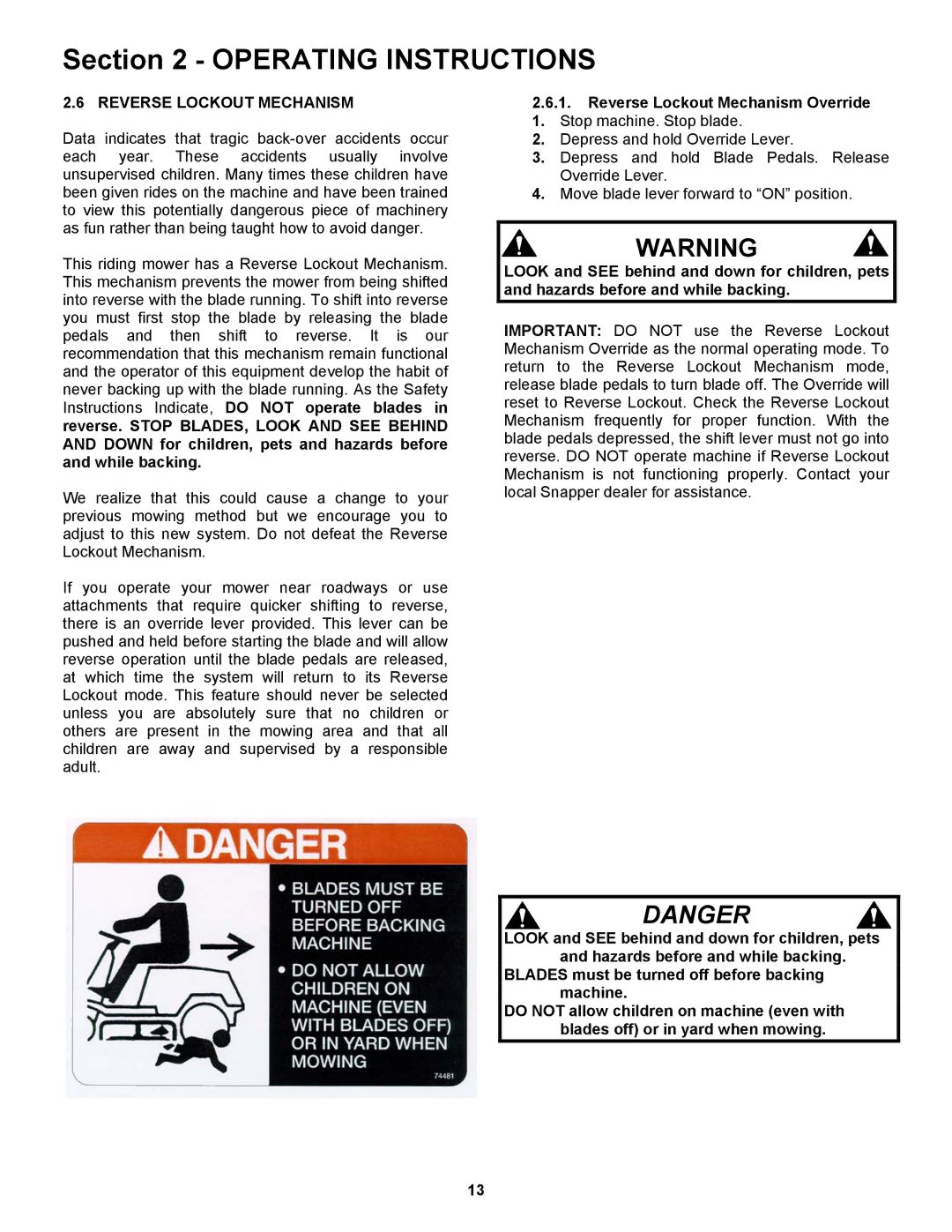 Snapper 421823BVE, 422023BVE important safety instructions Reverse Lockout Mechanism Override 